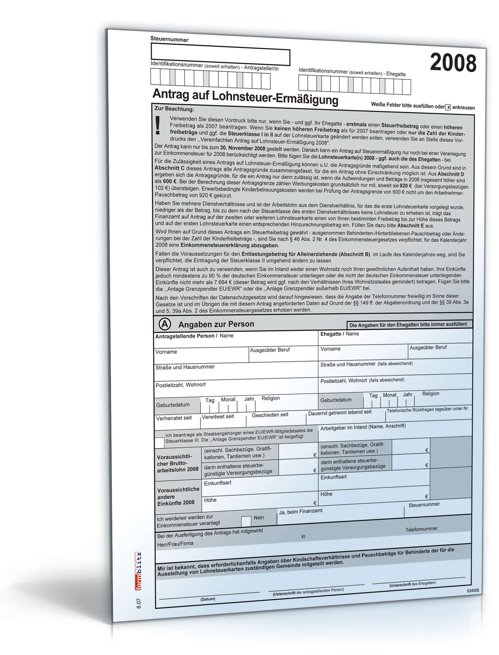 Antrag auf Lohnsteuerermäßigung 2008 PDF