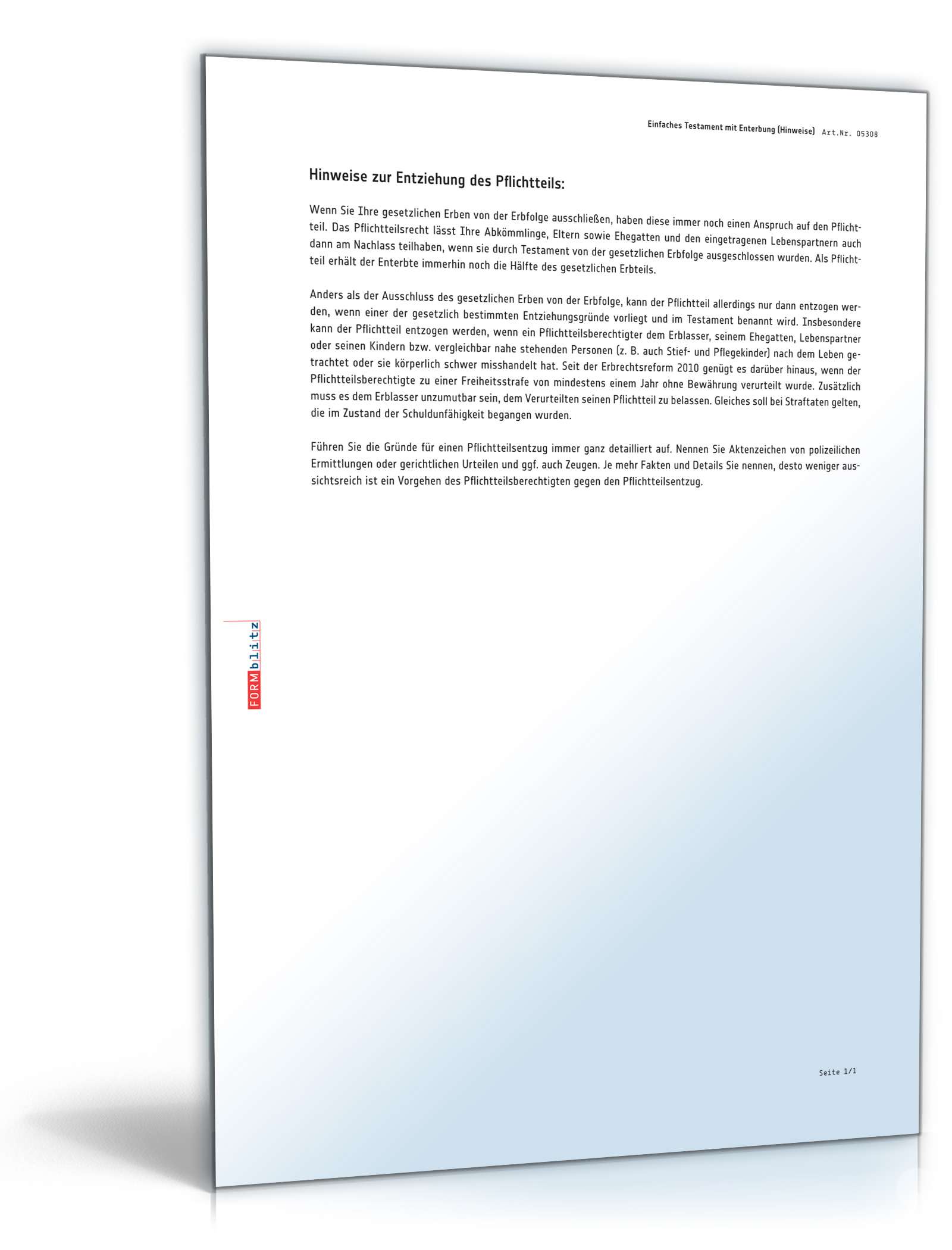 Einfaches Testament mit Enterbung und Pflichtteilsentzug PDF. Seite: 4