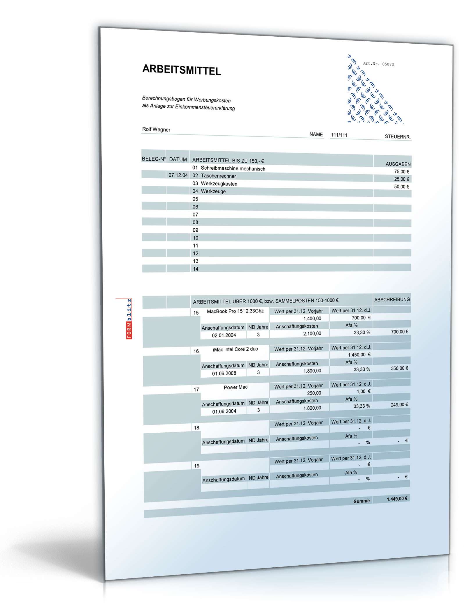 Rechentabelle Werbungskosten ohne Mehrwertsteuer Excel