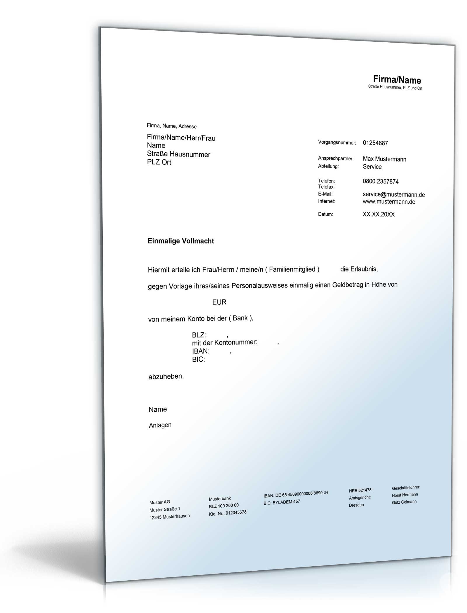 Einmalige Bankvollmacht Word