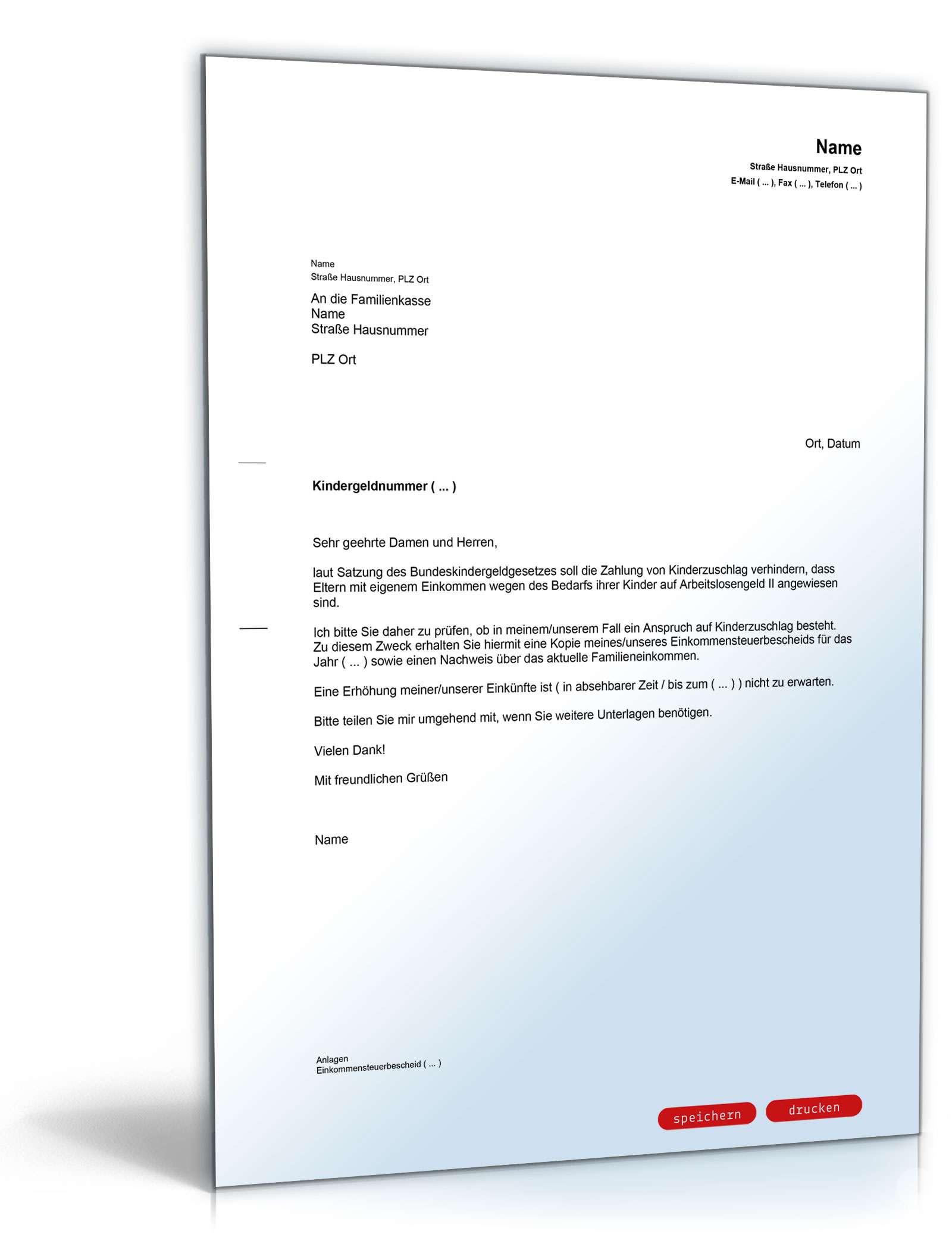 Anfrage Zahlung Kinderzuschlag PDF