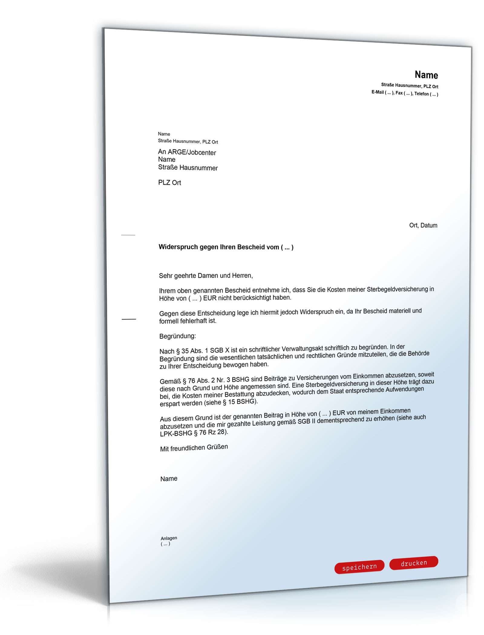 Widerspruch Nichtberücksichtigung Sterbegeldversicherung ALG II PDF