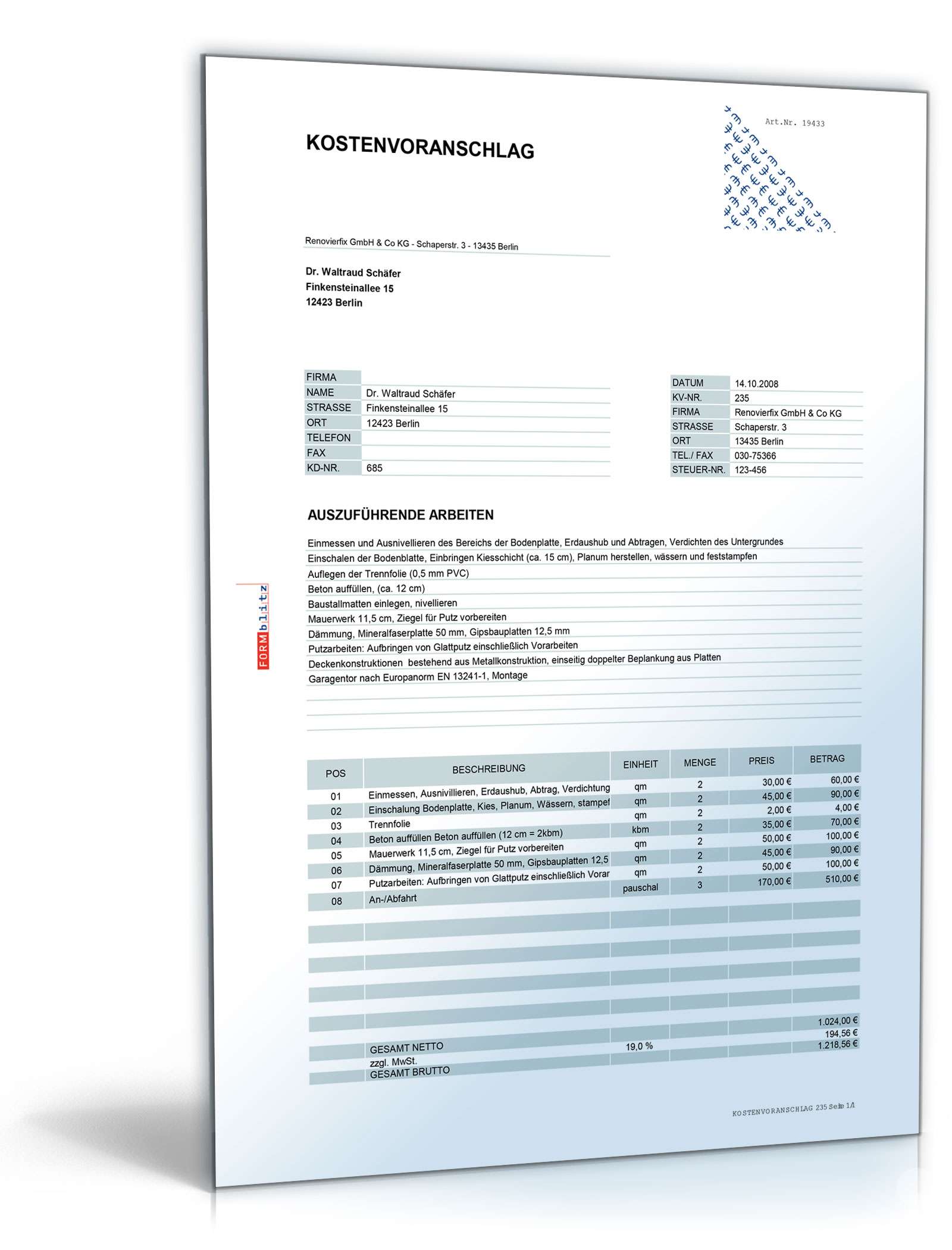 Kostenvoranschlag Garagen- und Hausanbau Excel