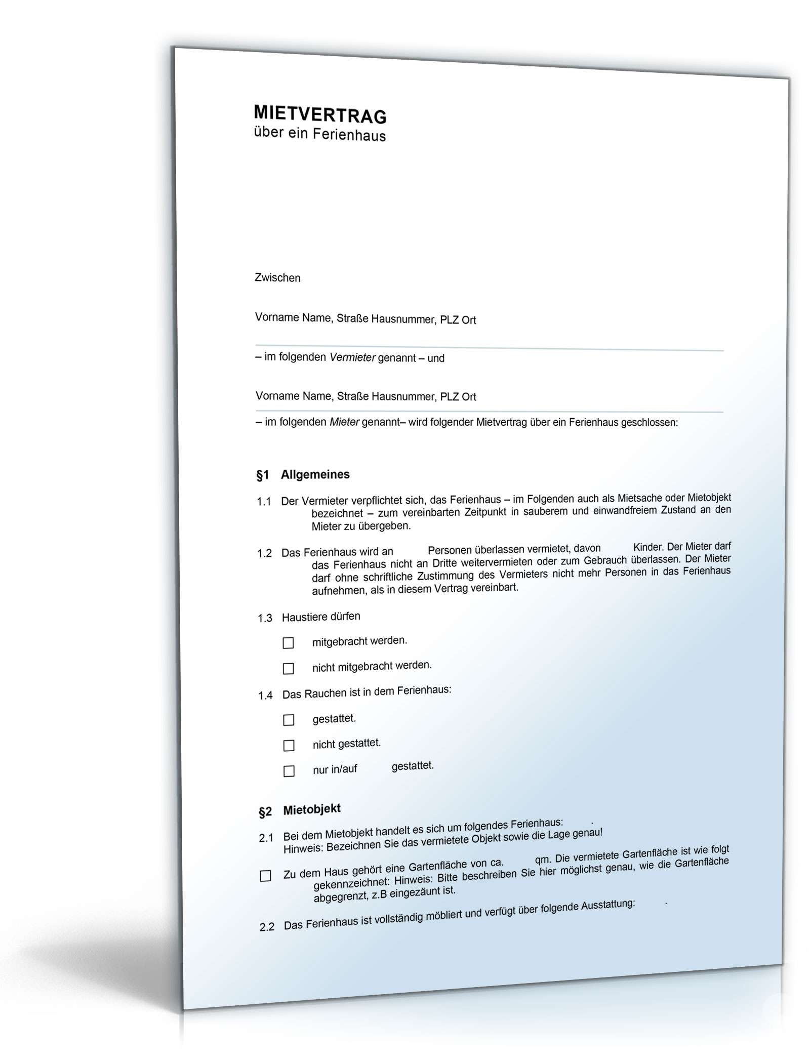 Mietvertrag Ferienhaus Word