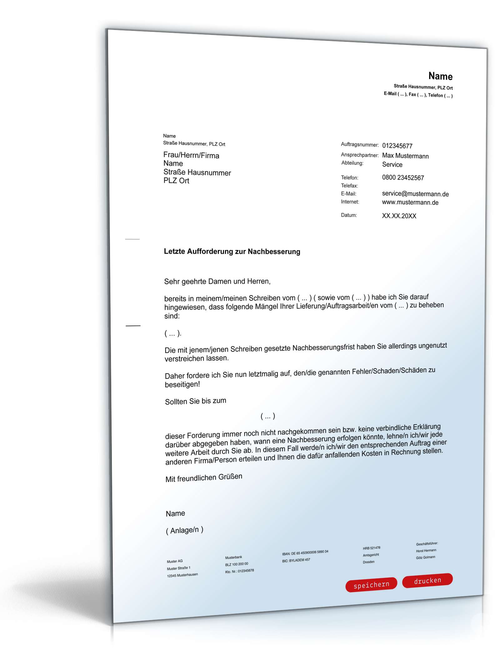 Letzte Aufforderung zur Nachbesserung einer Dienstleistung PDF