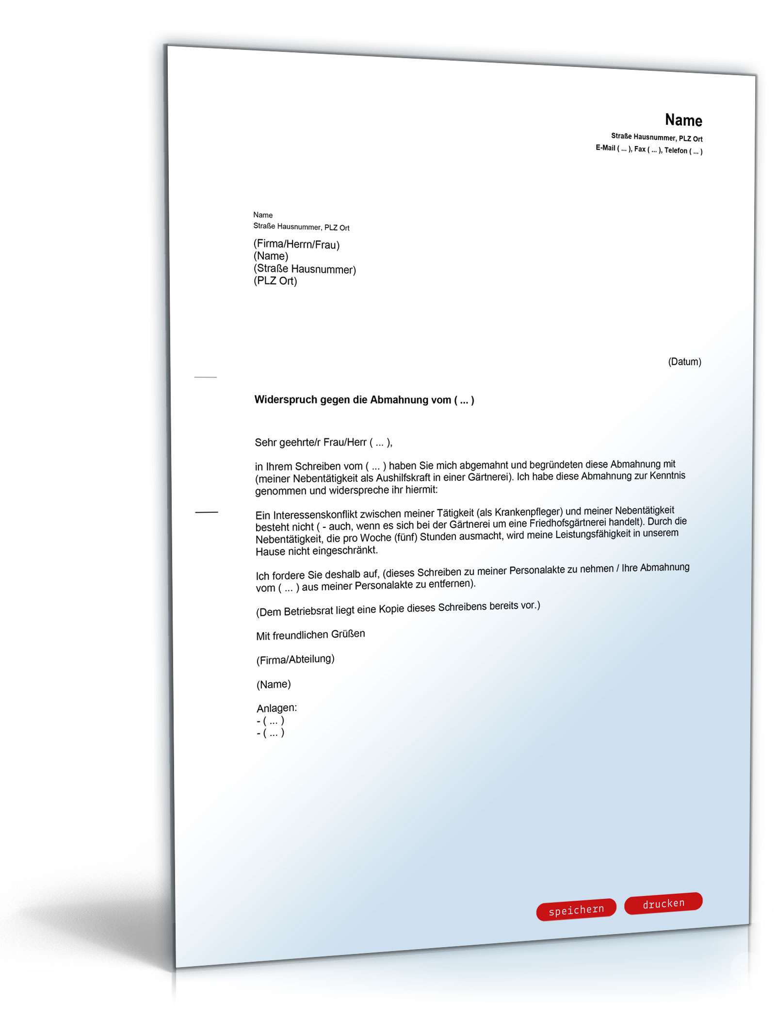 Gegendarstellung Abmahnung nicht genehmigter Nebentätigkeit PDF