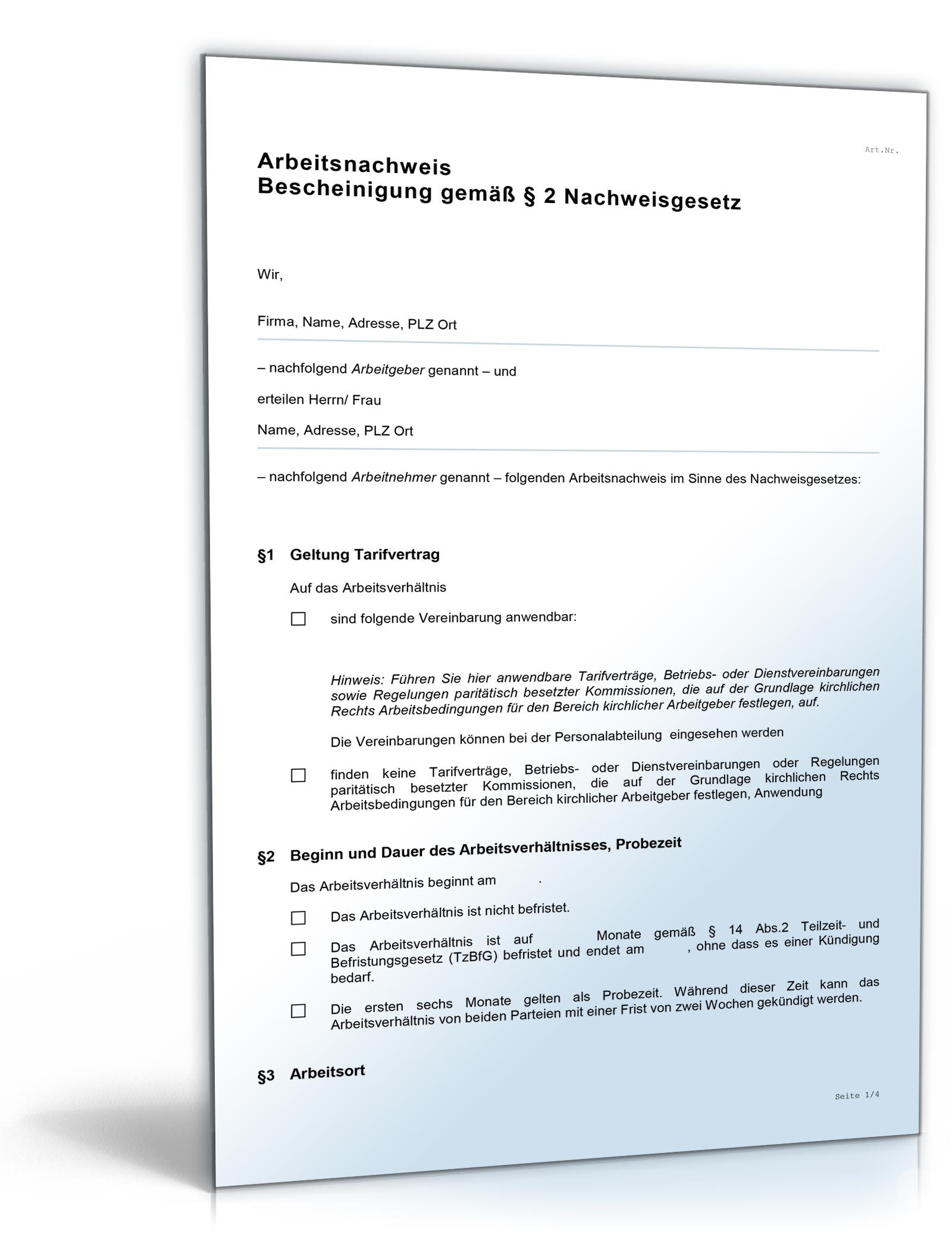 Arbeitsnachweis Muster Word