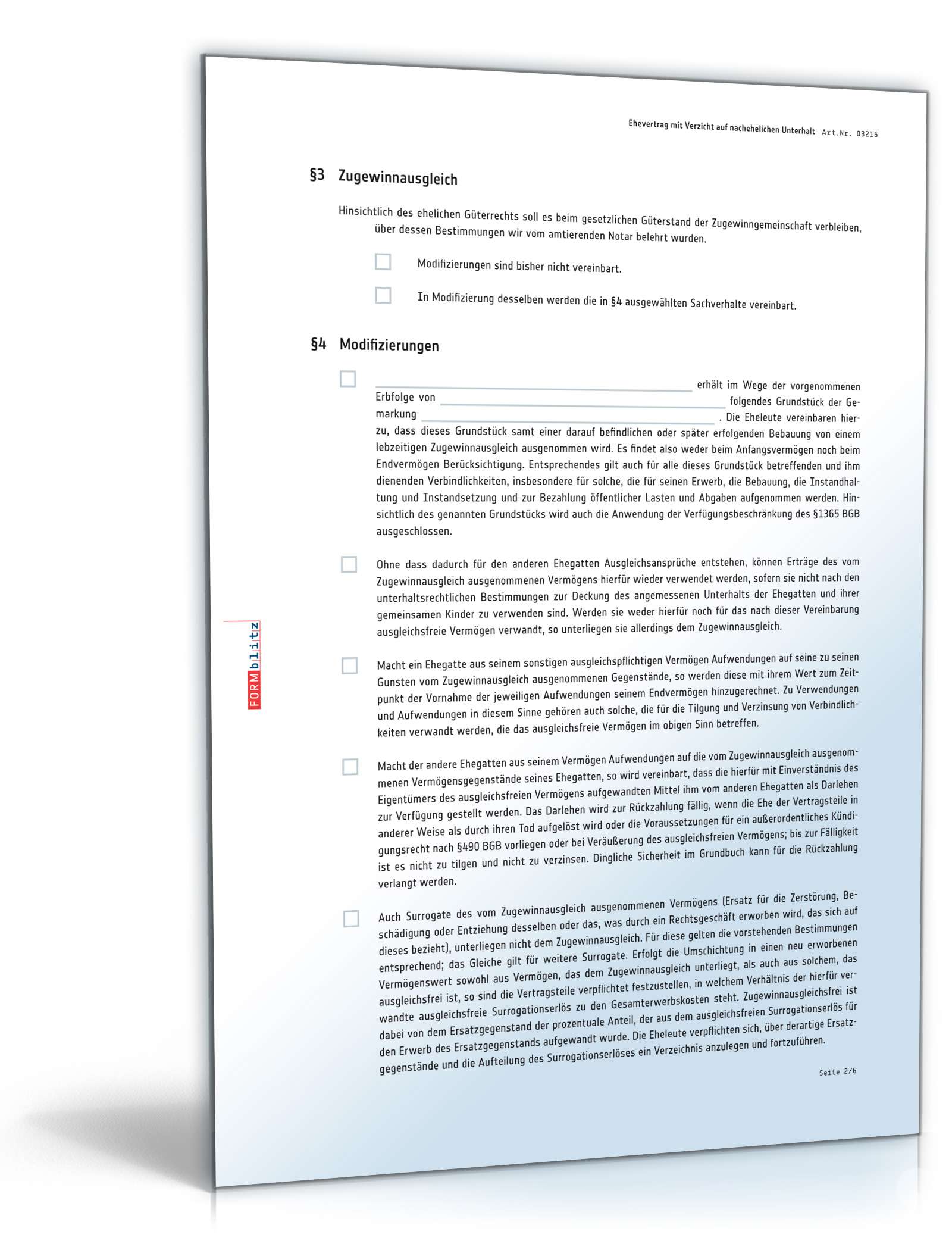 Ehevertrag mit Verzicht auf nachehelichen Unterhalt PDF. Seite: 2