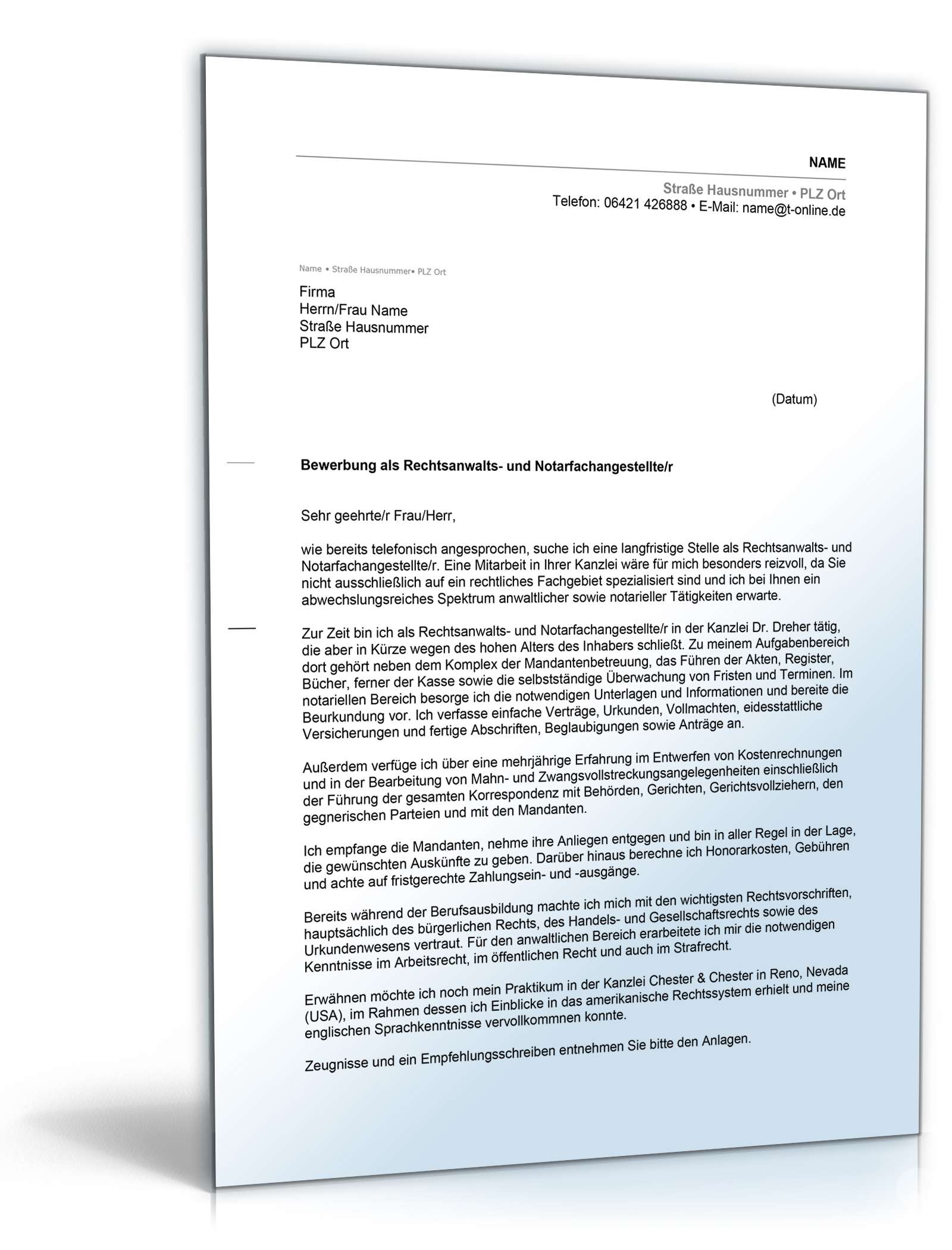 Anschreiben Bewerbung Rechtsanwalts- und Notarfachangestellte Excel