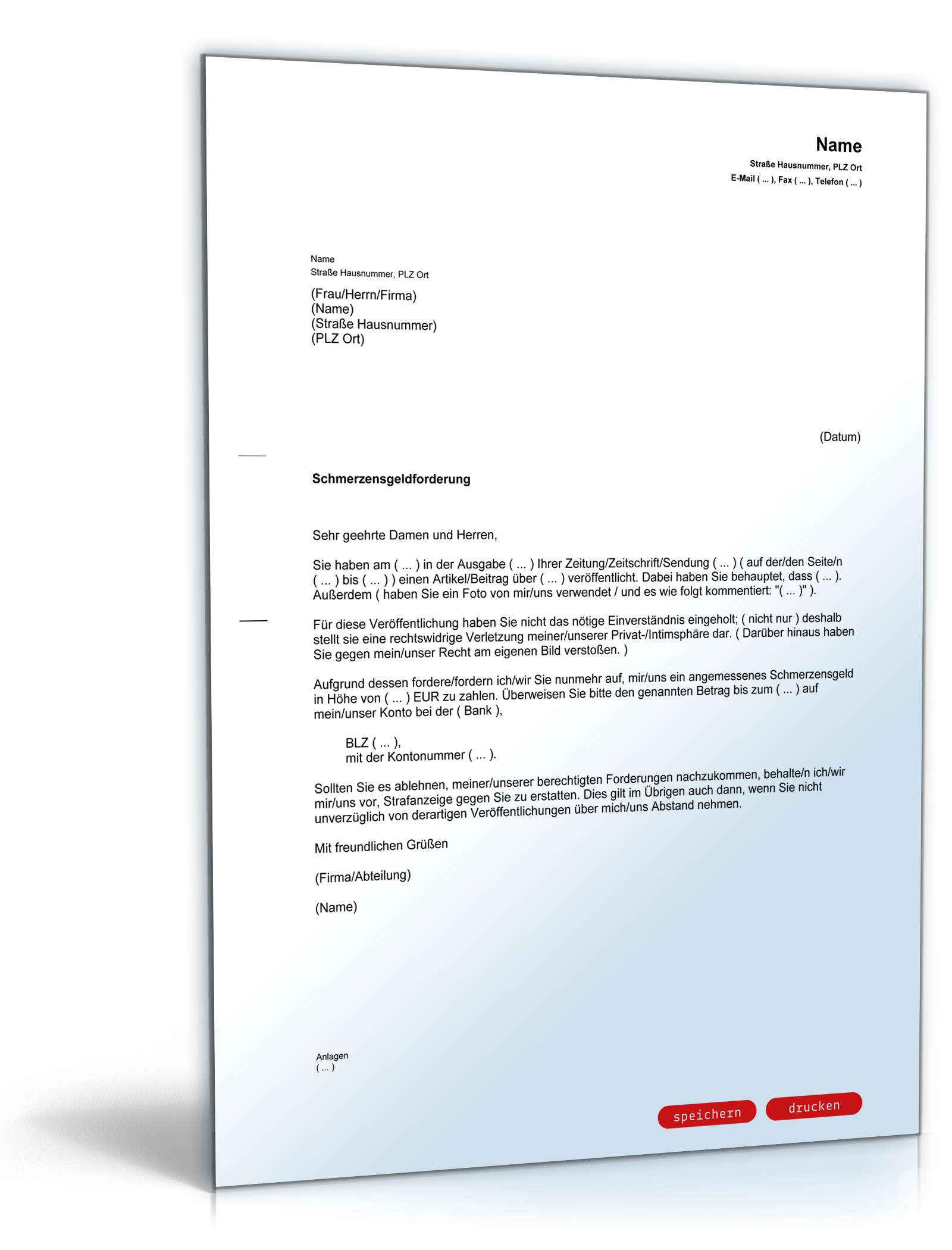 Schmerzensgeldforderung wegen Verletzung des Persönlichkeitsrechts PDF