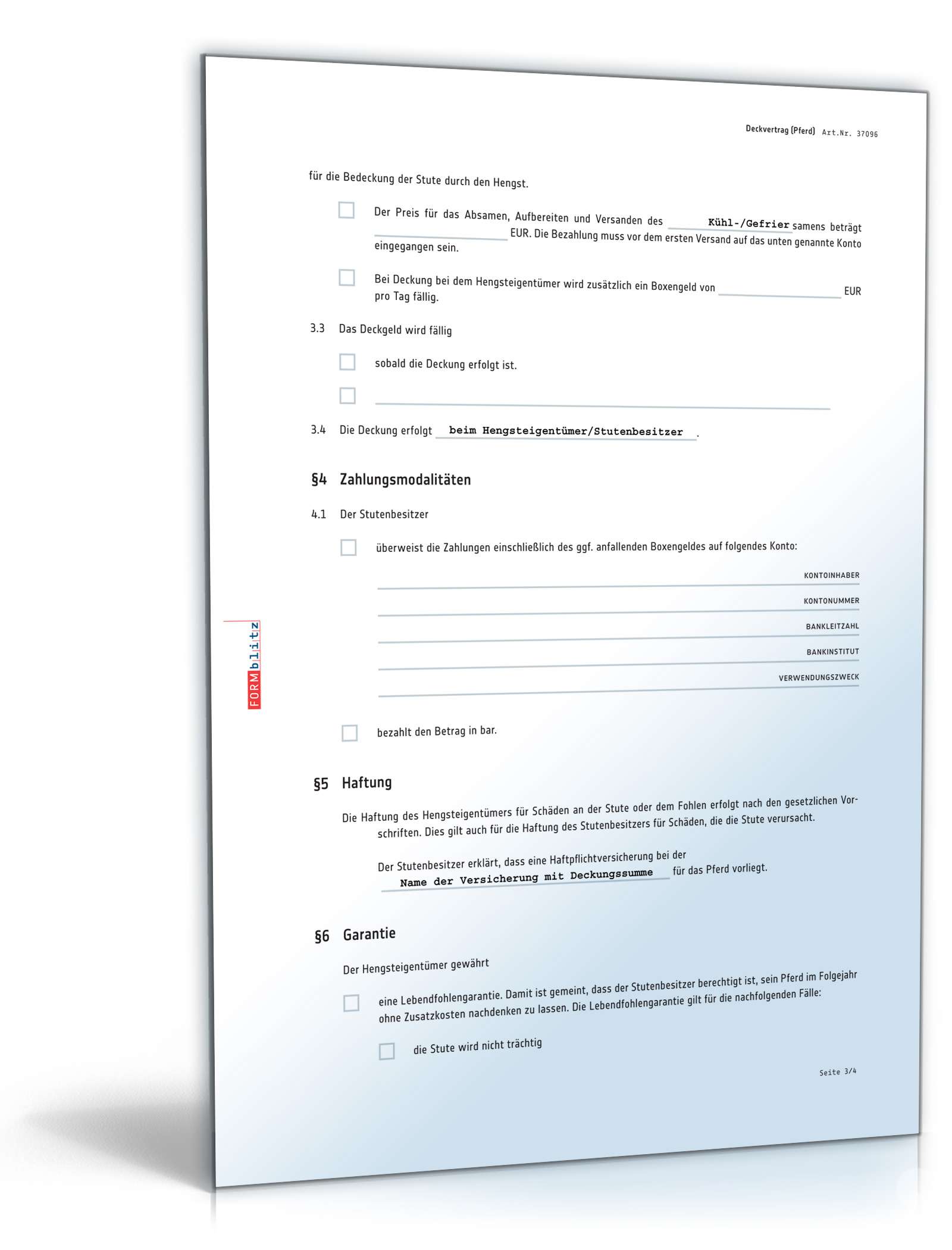 Deckvertrag Pferd PDF. Seite: 3