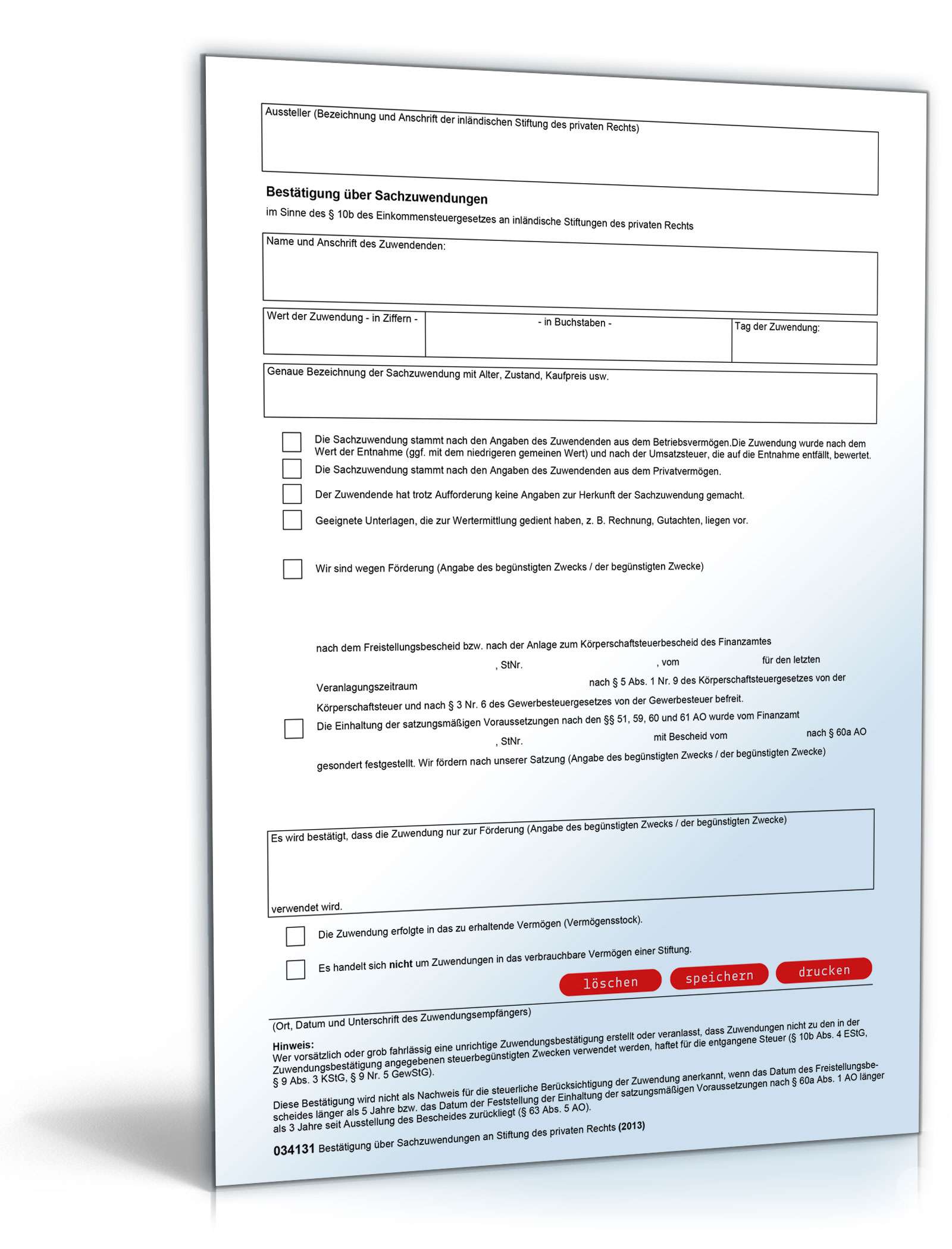 Spendenbescheinigung über Sachzuwendungen an inländische Stiftungen PDF
