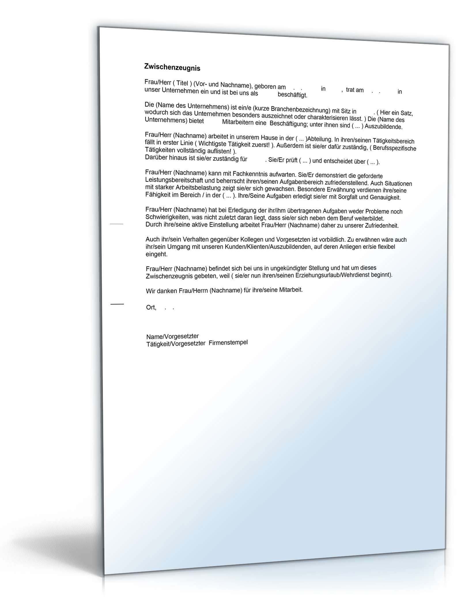 Zwischenzeugnis Note Vier  Word