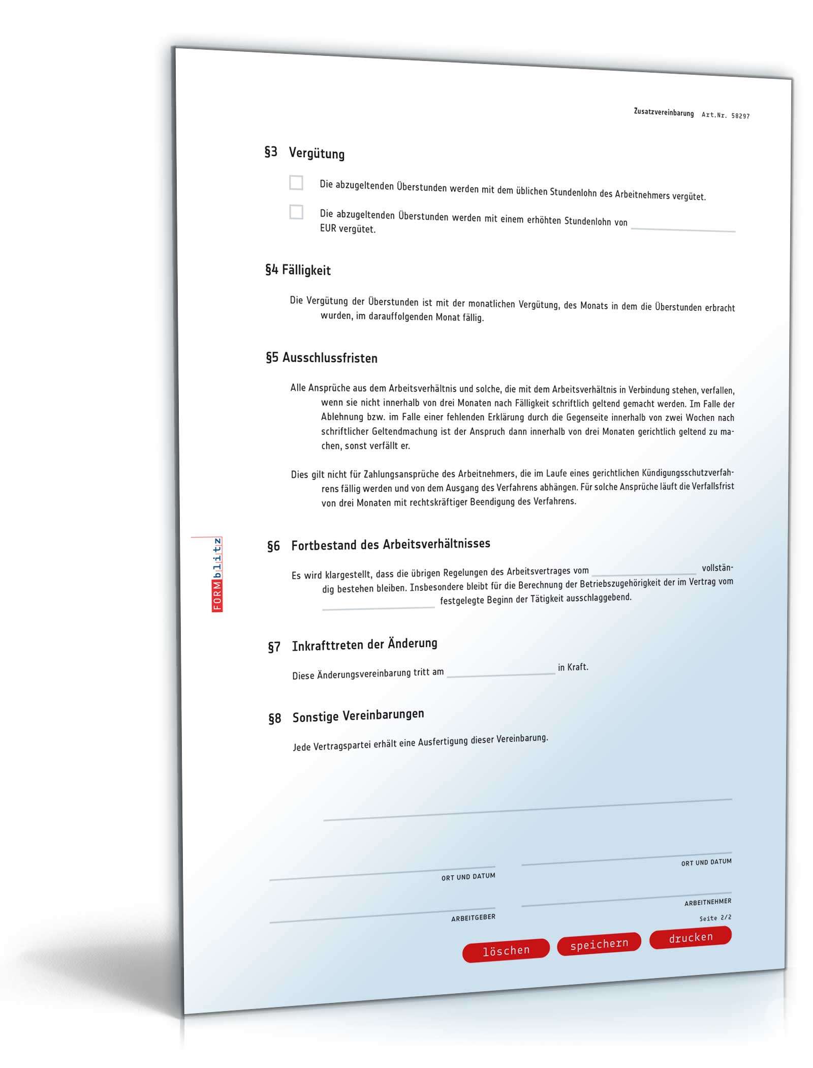 Zusatzvereinbarung Überstunden PDF. Seite: 2