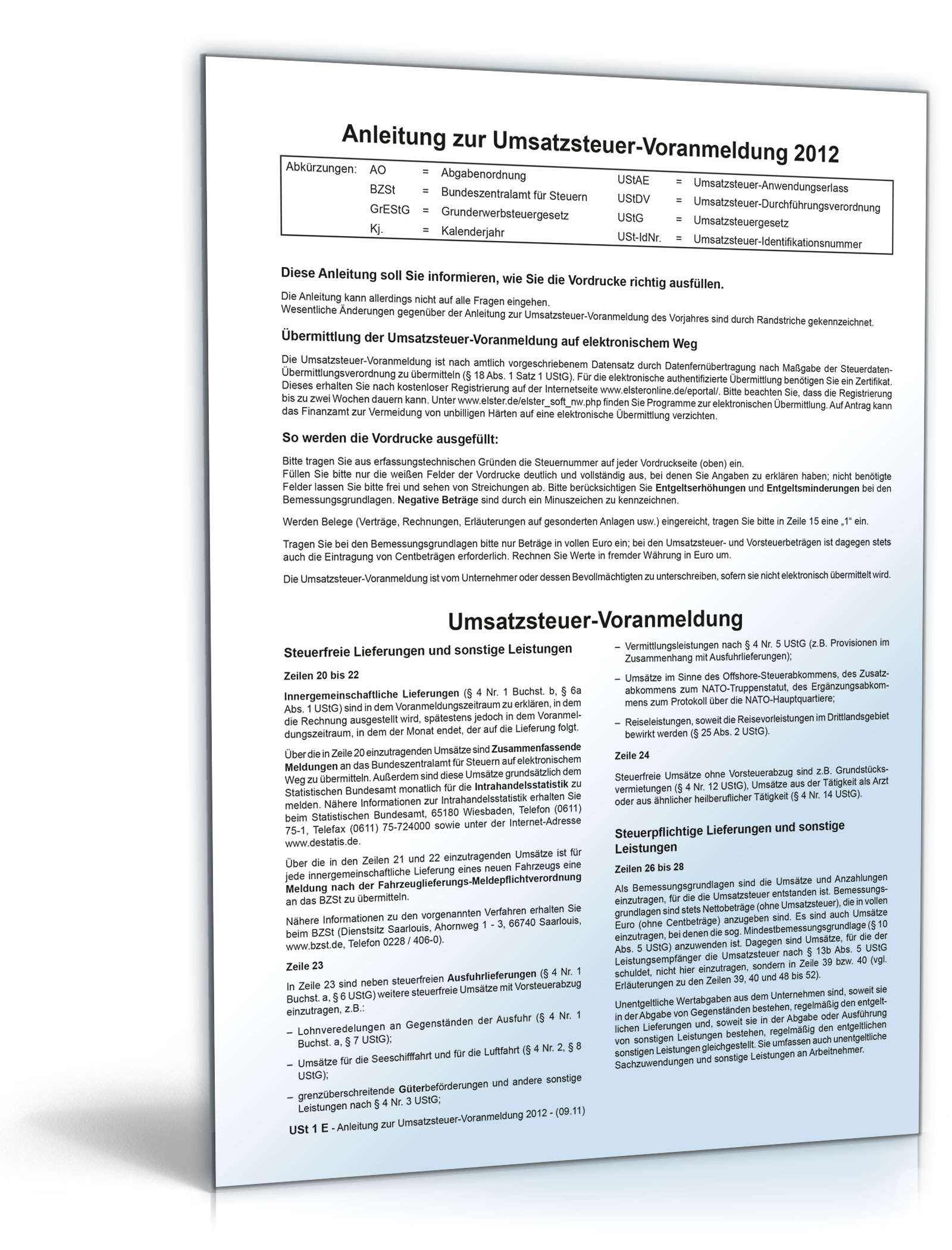 Anleitung zur Umsatzsteuervoranmeldung 2012 PDF