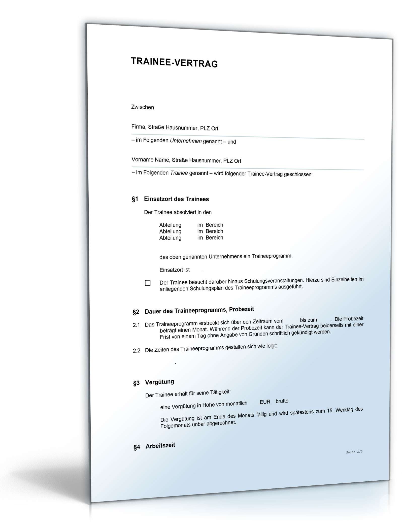 Arbeitsvertrag Trainee Word