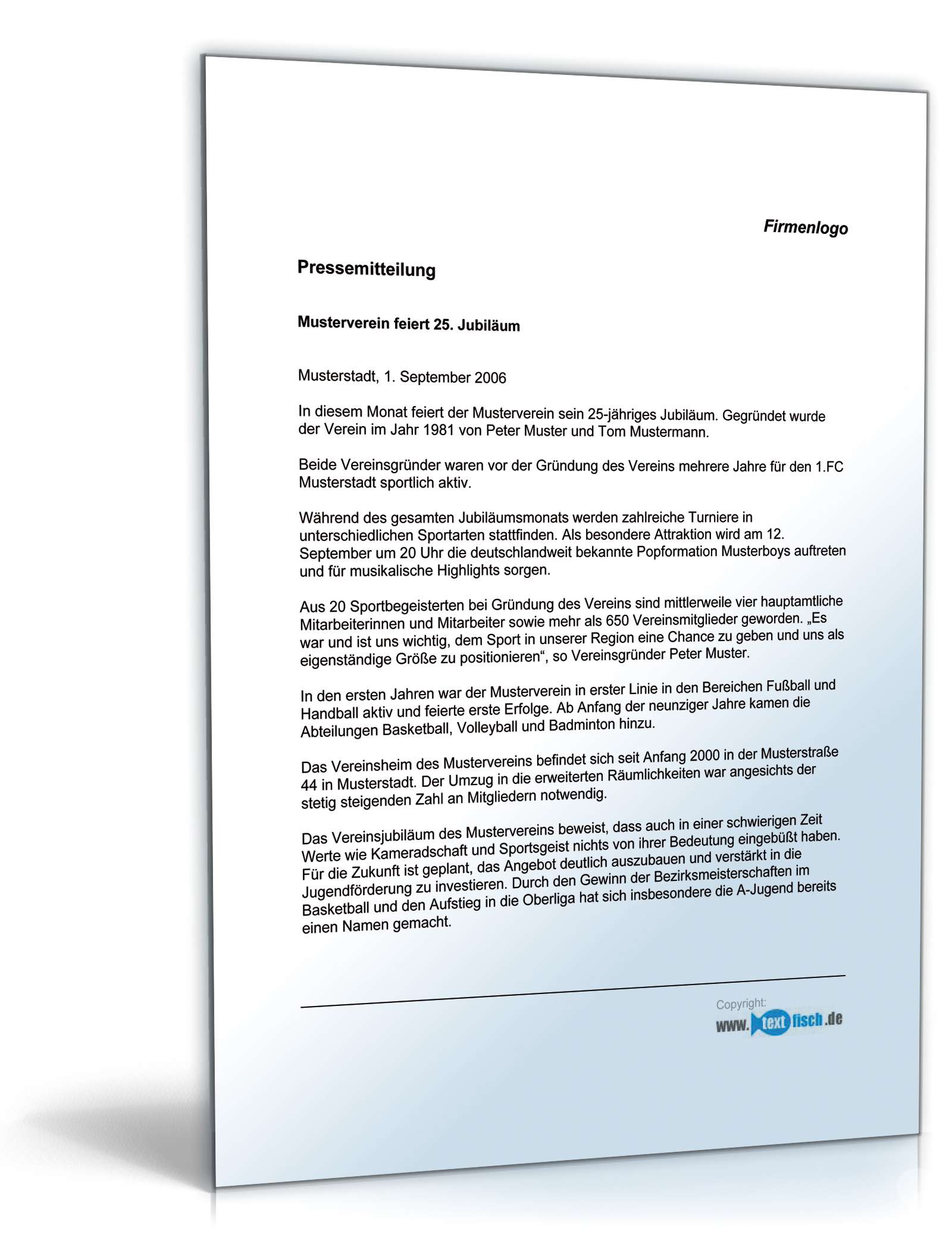 Pressemitteilung Jubiläum eines Sportvereins