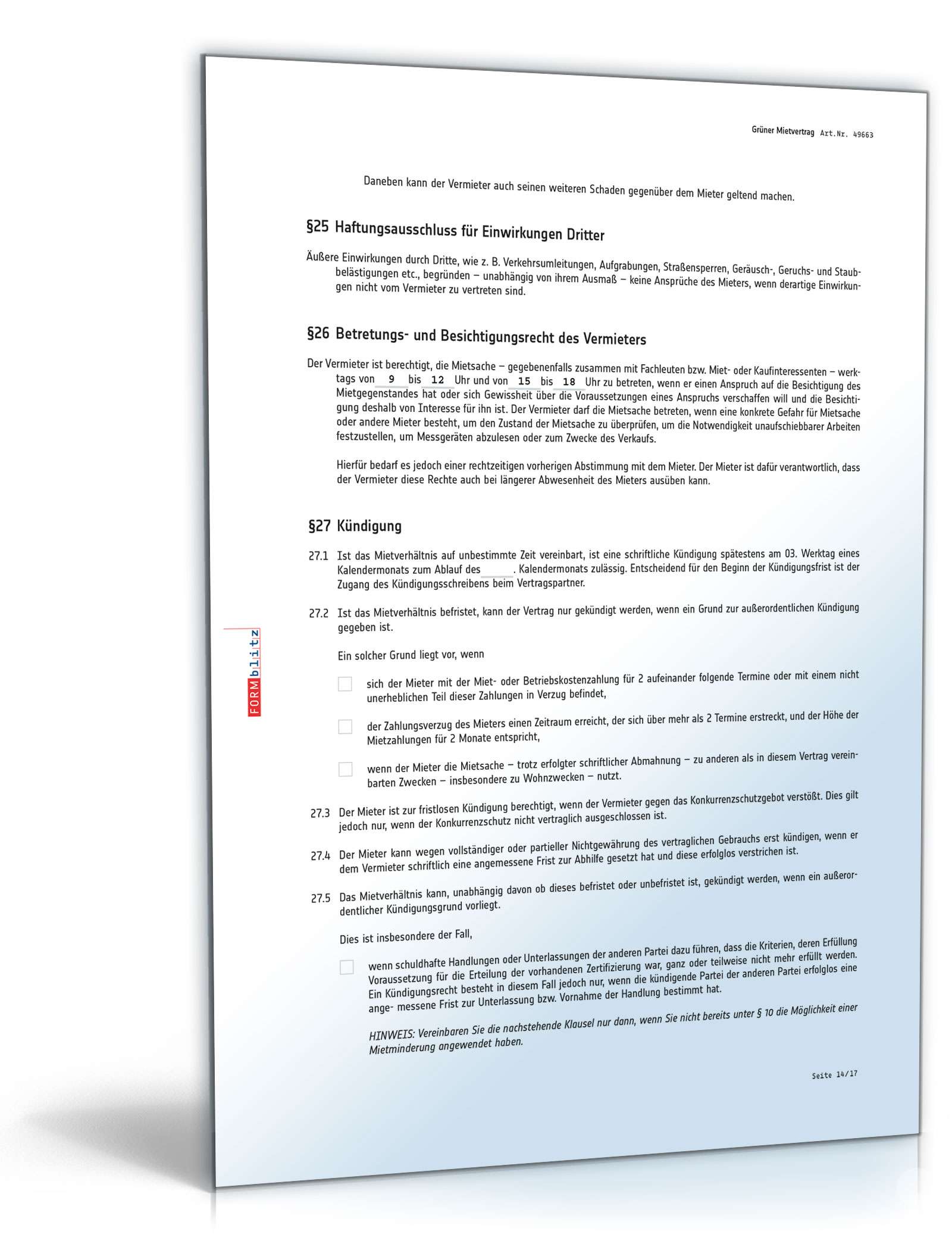 Grüner Mietvertrag für Gewerbe PDF. Seite: 14