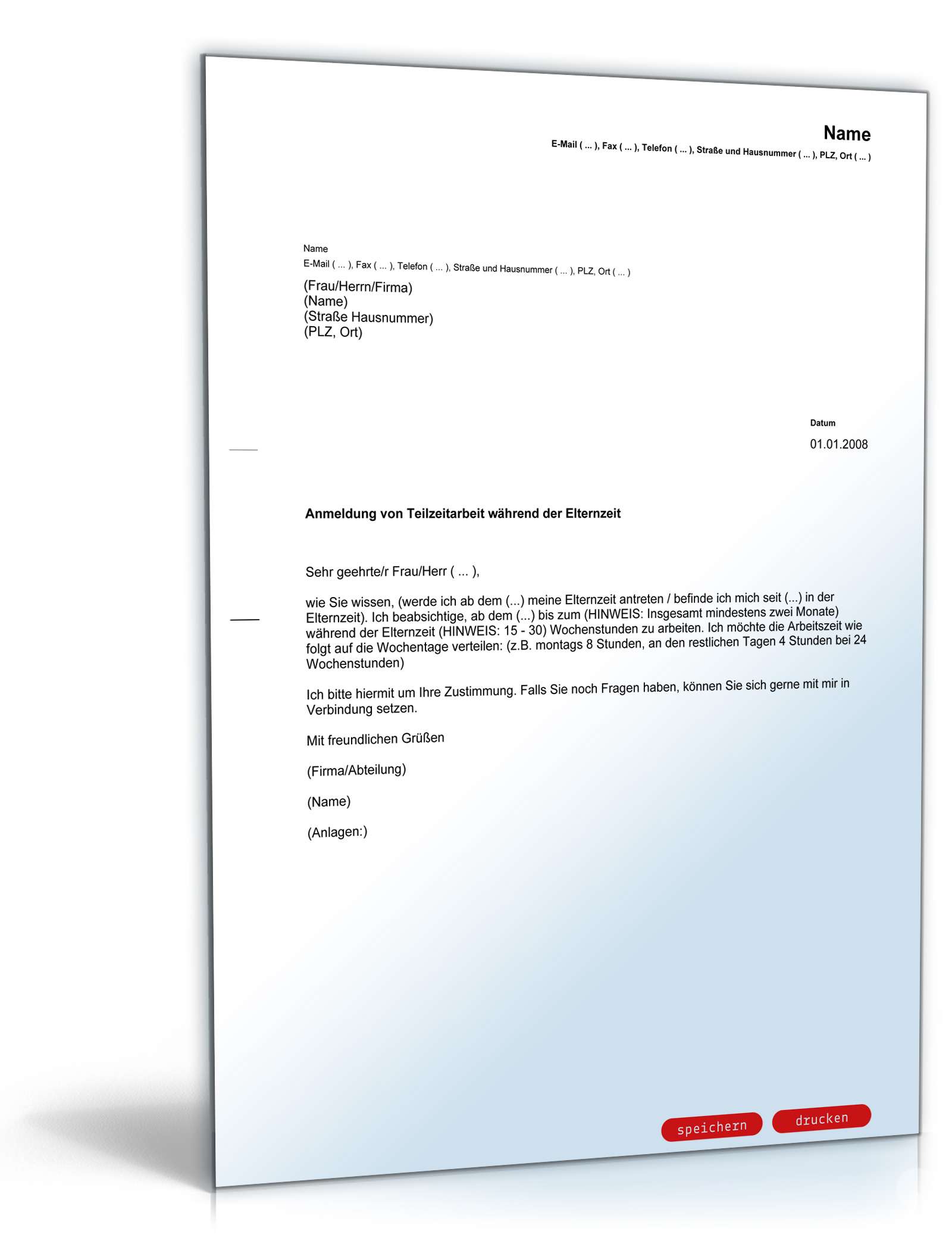 elternzeit antrag muster teilzeit