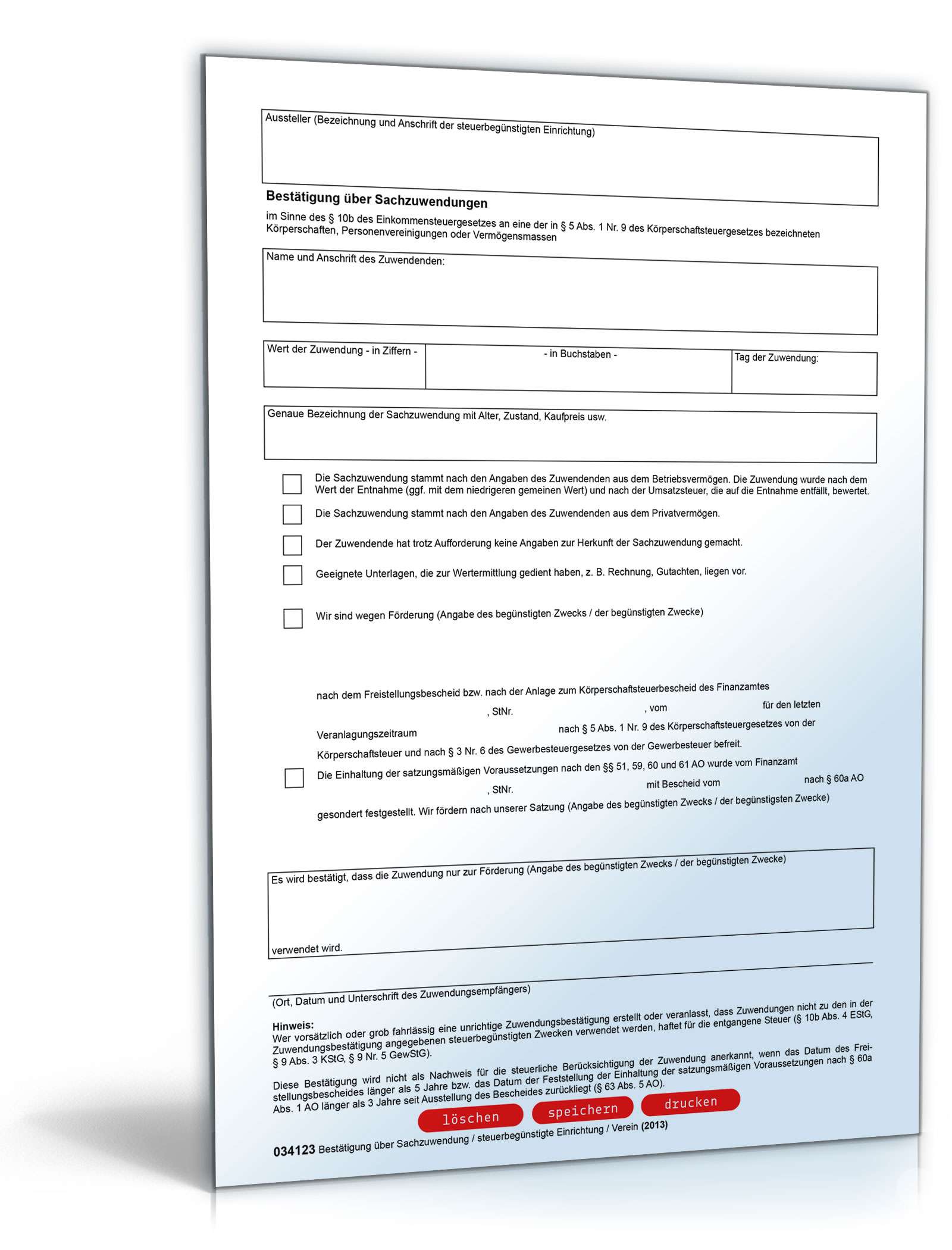 Spendenbescheinigung für Sachzuwendungen an gemeinnützige Vereine PDF