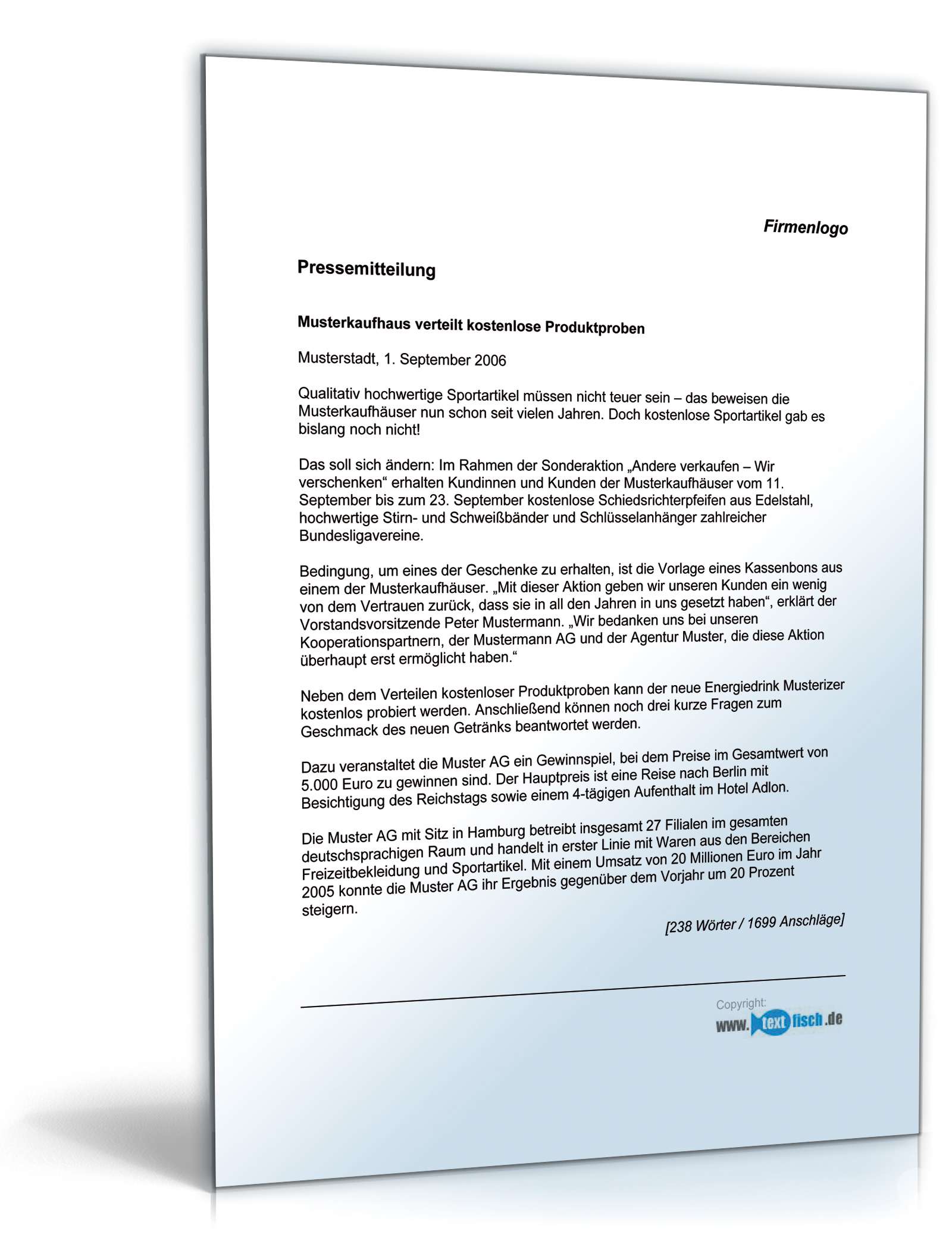 Pressemitteilung über kostenlose Produktproben eines Unternehmens