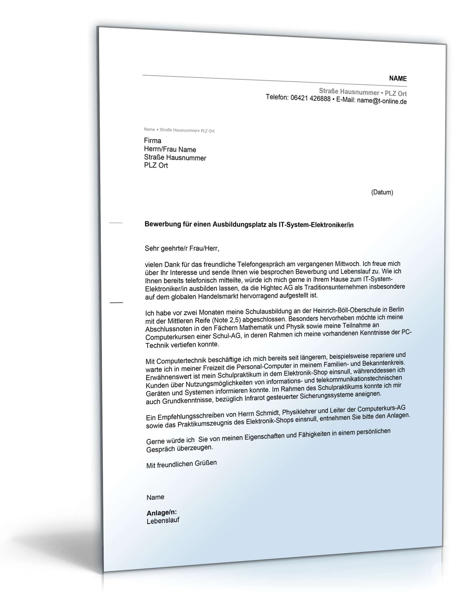 Anschreiben Bewerbung Realschulabschluss Ausbildungsplatz Excel