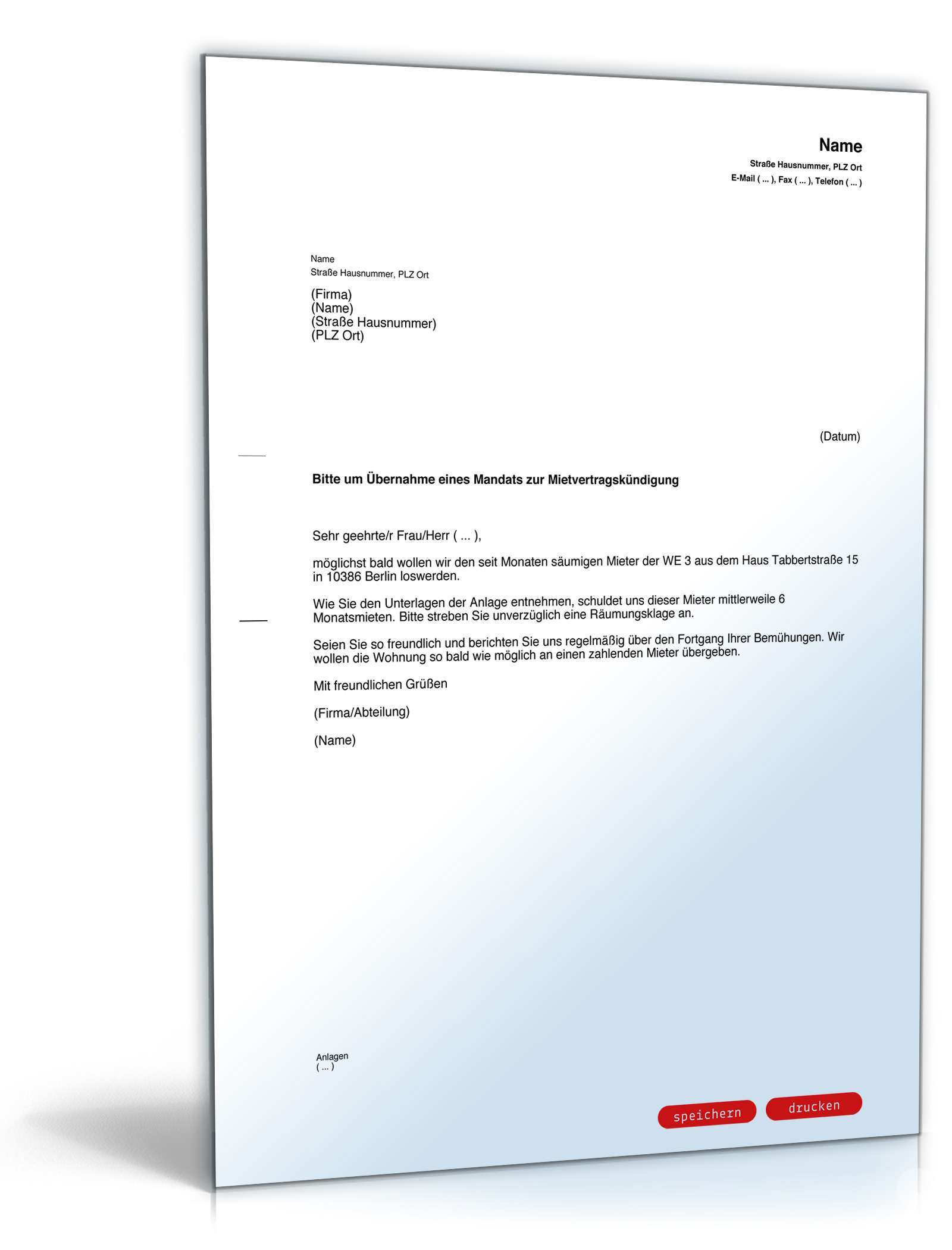 Beauftragung Rechtsanwalt Mietvertragskündigung PDF