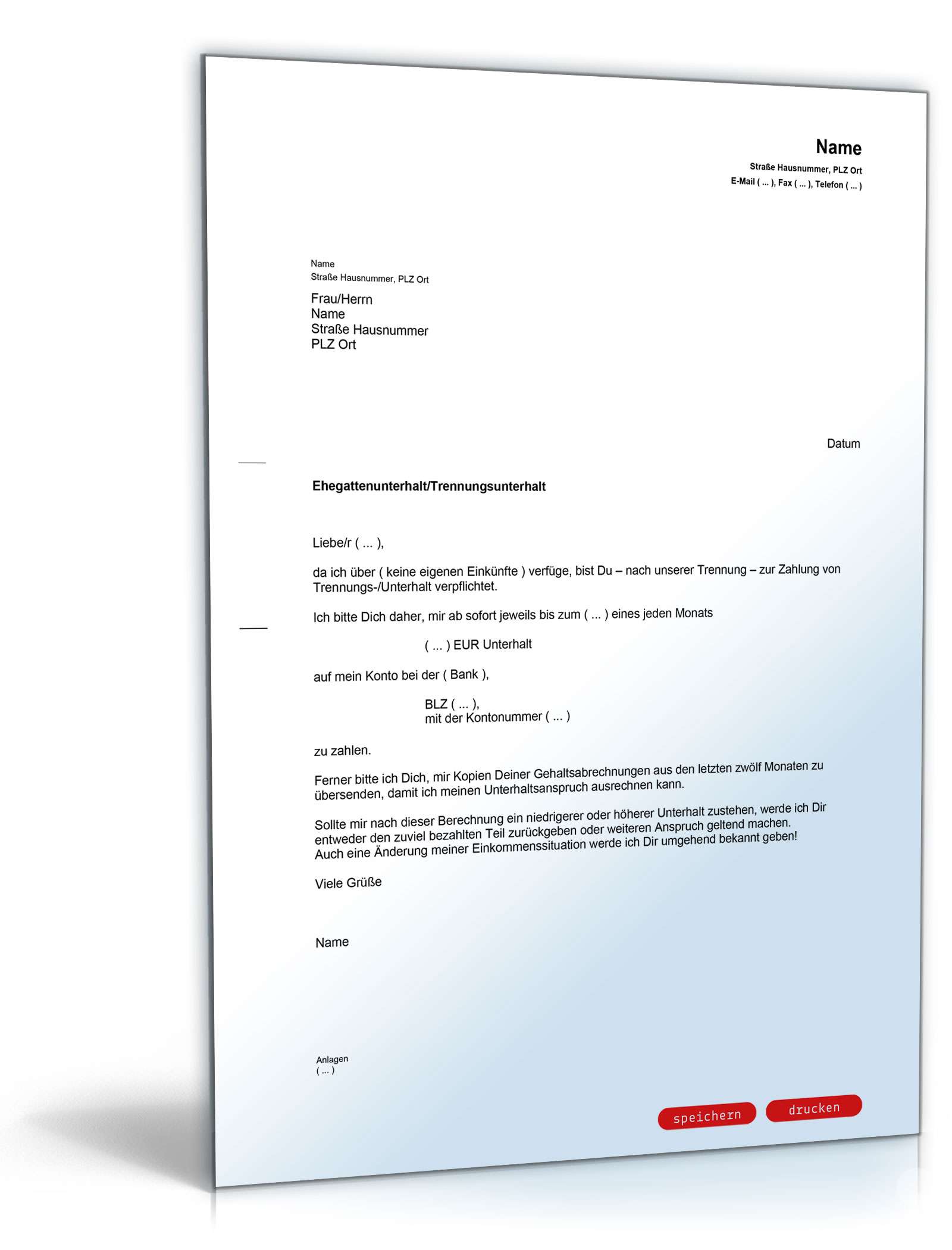 Aufforderung Zahlung Ehegattenunterhalt/ Trennungsunterhalt PDF