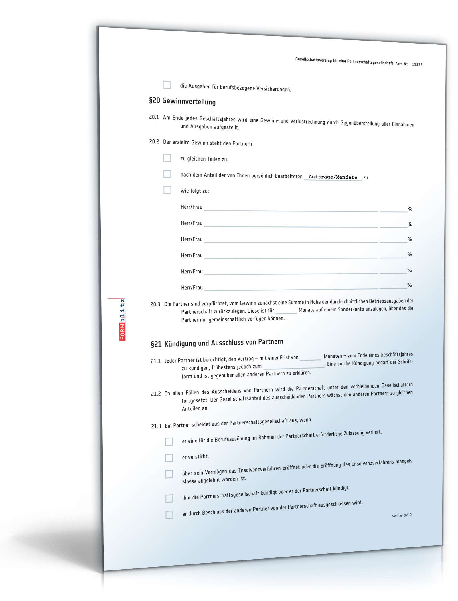 Gesellschaftsvertrag Partnerschaftsgesellschaft PDF. Seite: 9