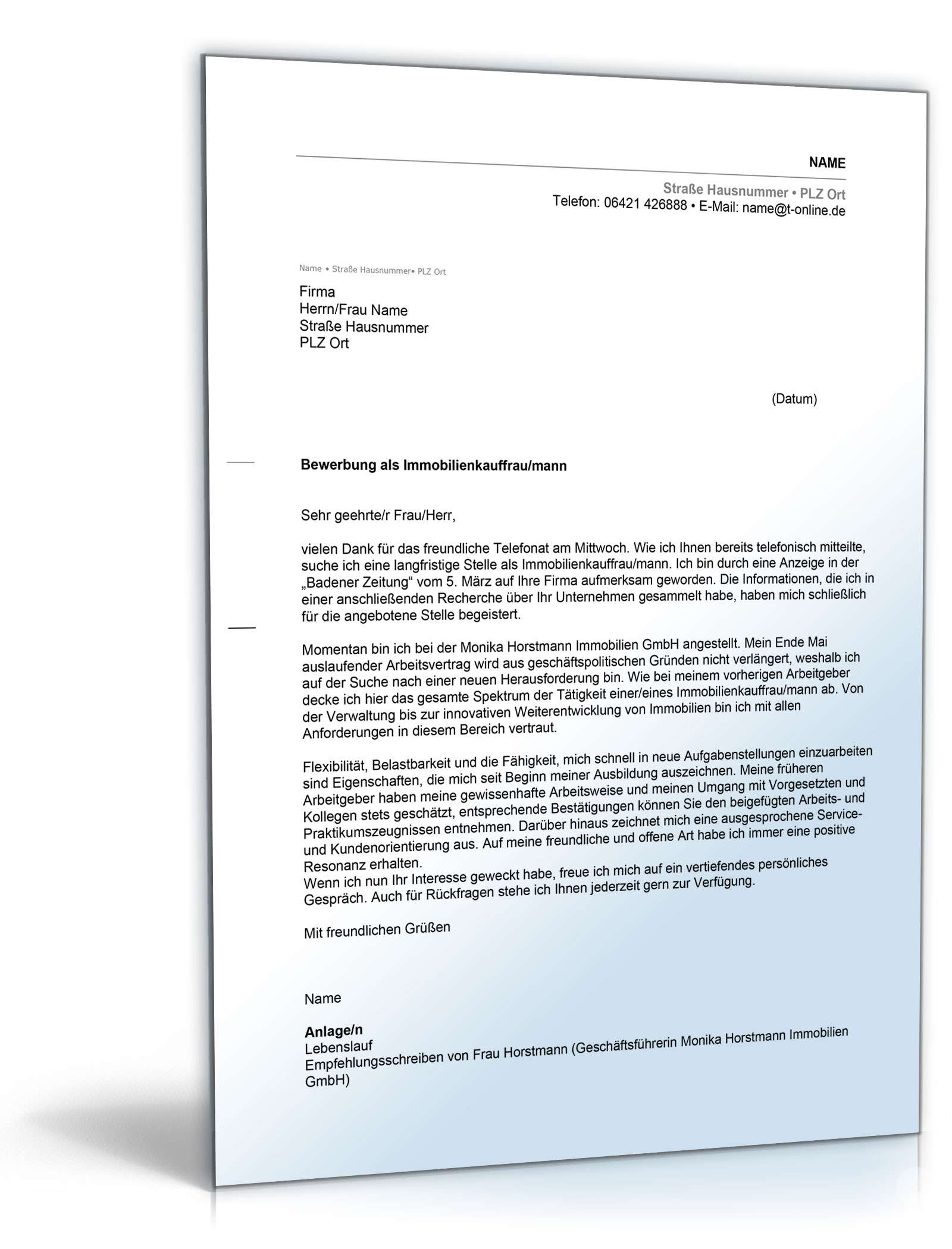 Anschreiben Bewerbung Immobilienkaufmann Excel