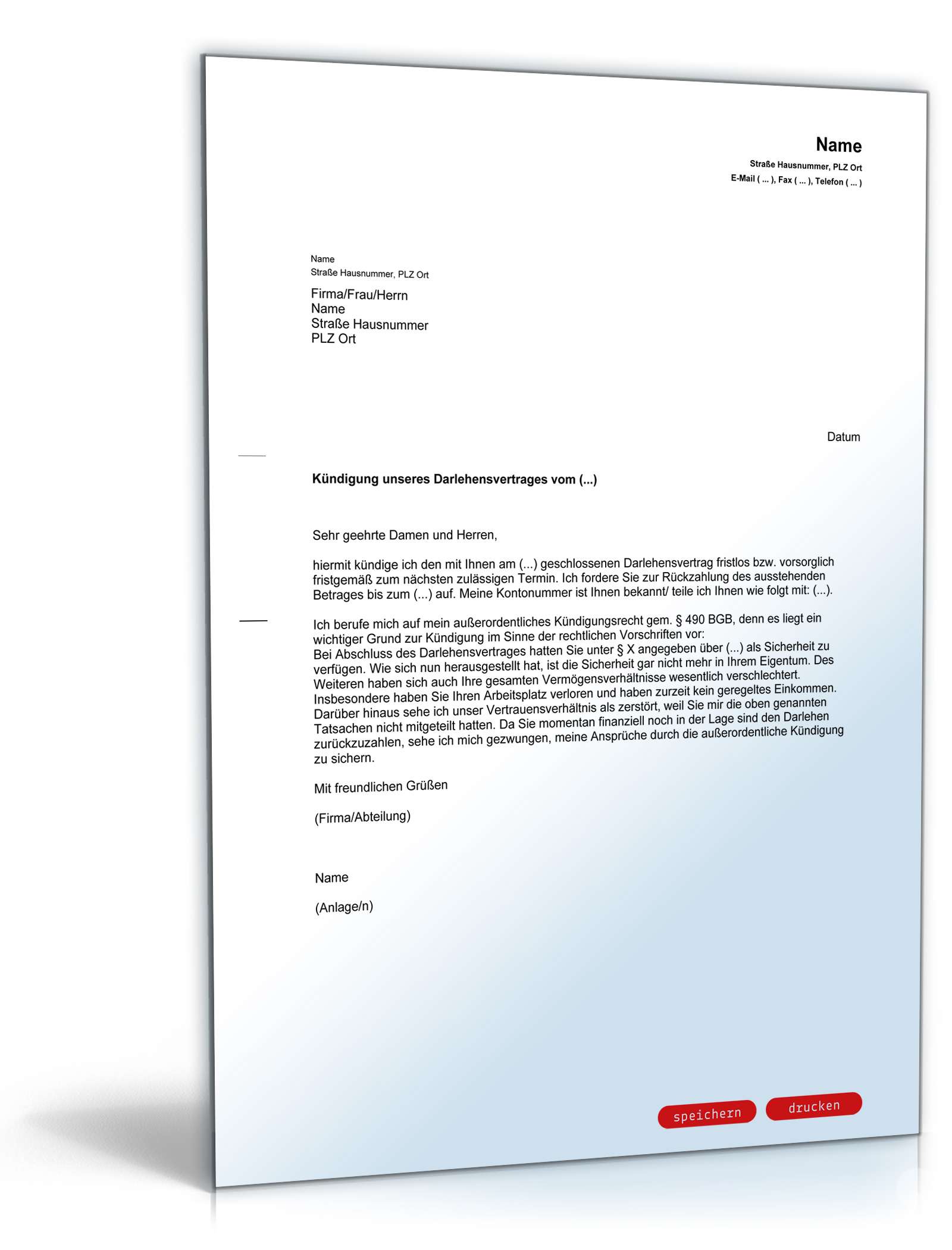 Fristlose Kündigung Darlehensvertrag durch Darlehensgeber