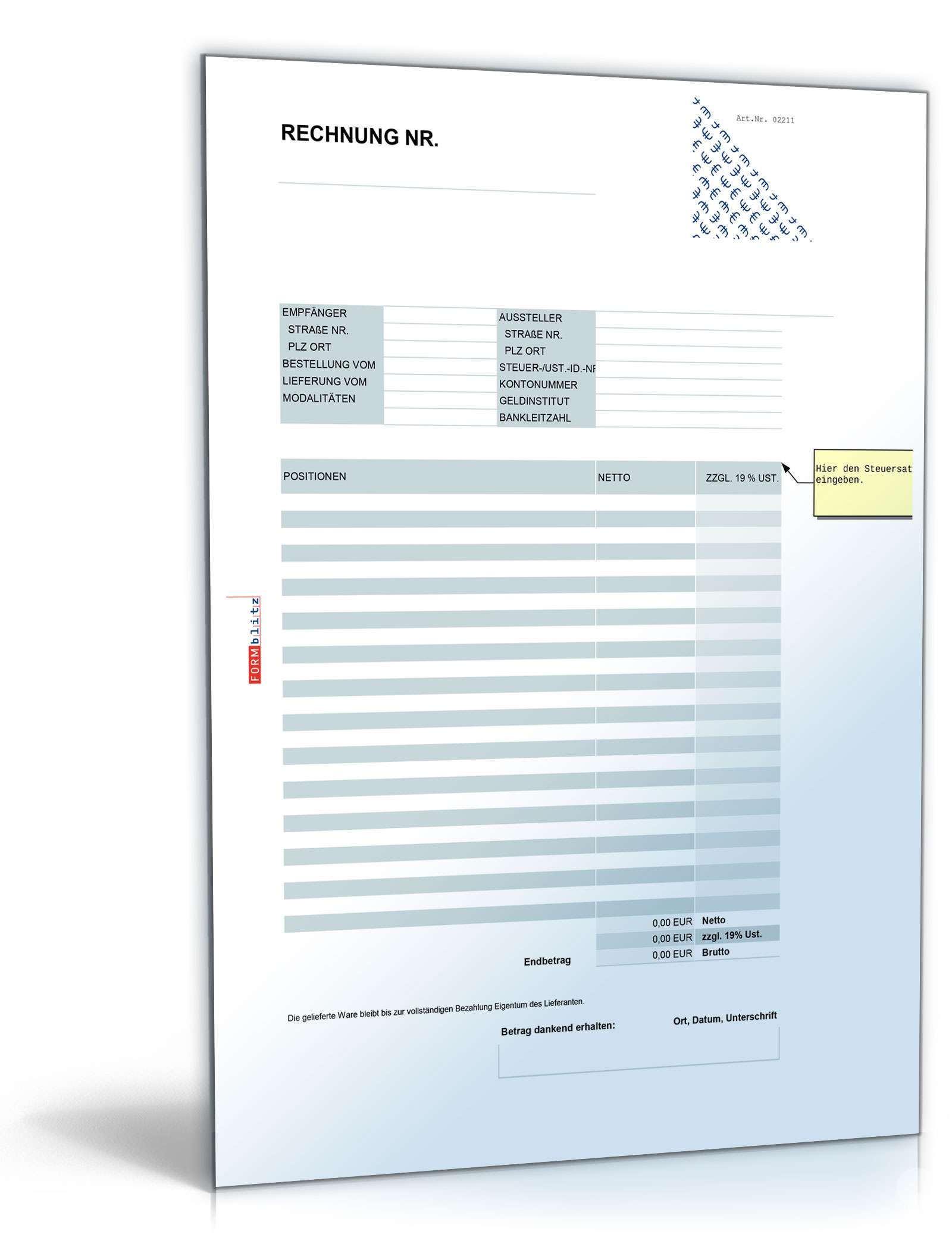 Rechnung netto mit Addition einheitlicher Umsatzsteuer Excel