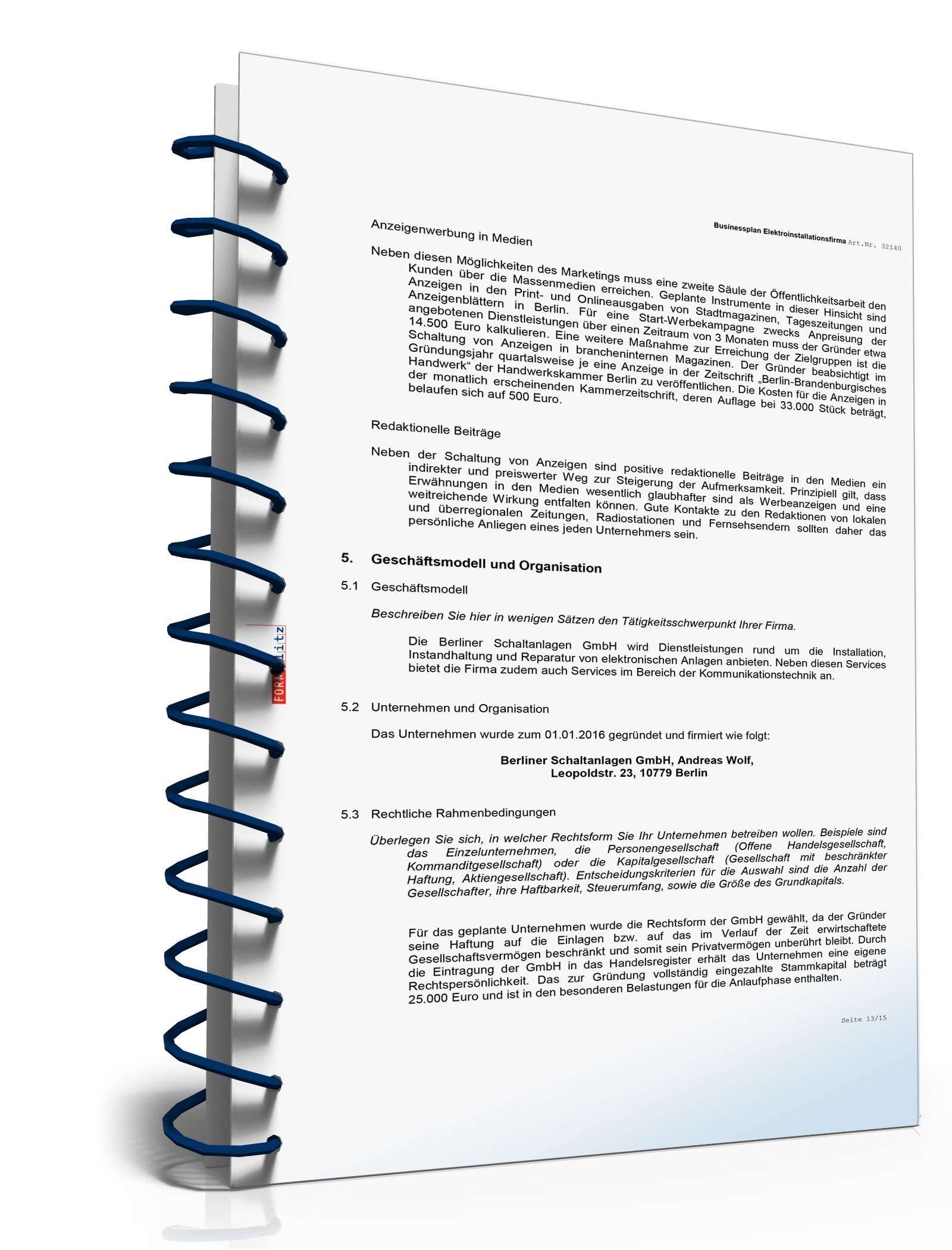 Businessplan Elektroinstallationsbetrieb Excel. Seite: 11