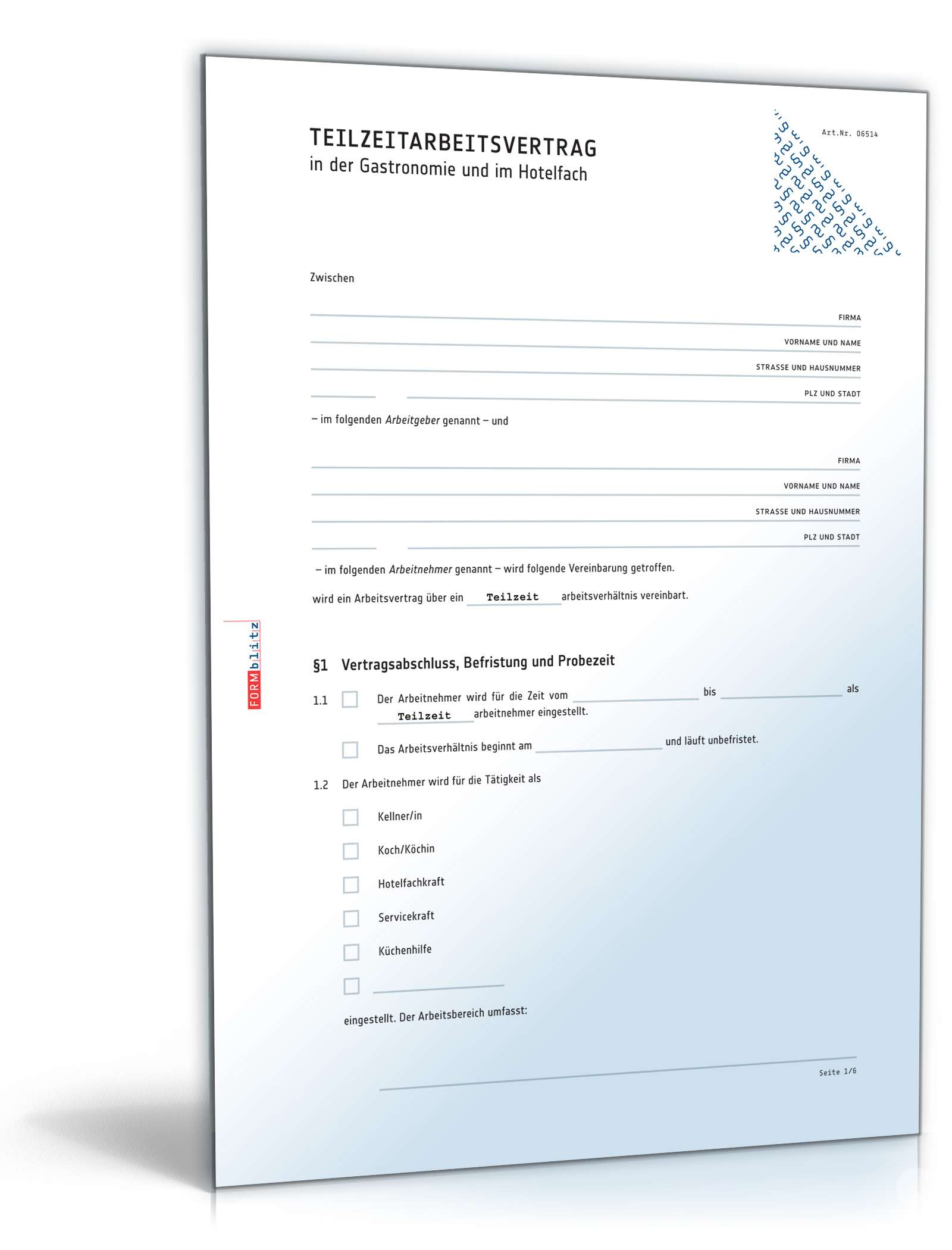 Teilzeitarbeitsvertrag Gastronomie und Hotelfach Word