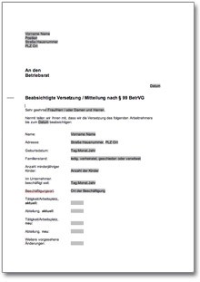 Benachrichtigung Versetzung Mitarbeiter Word