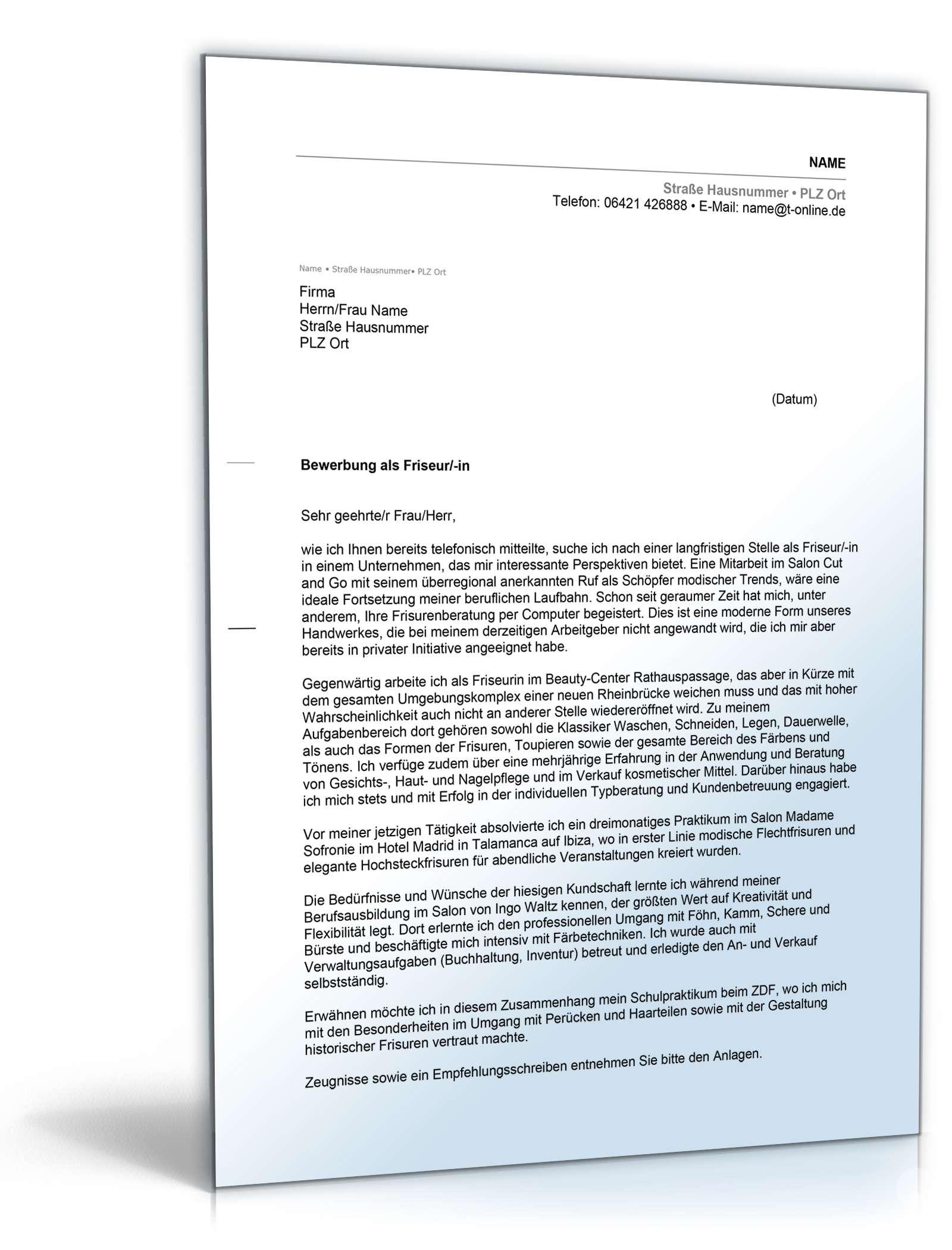 Anschreiben Bewerbung Friseurin Excel