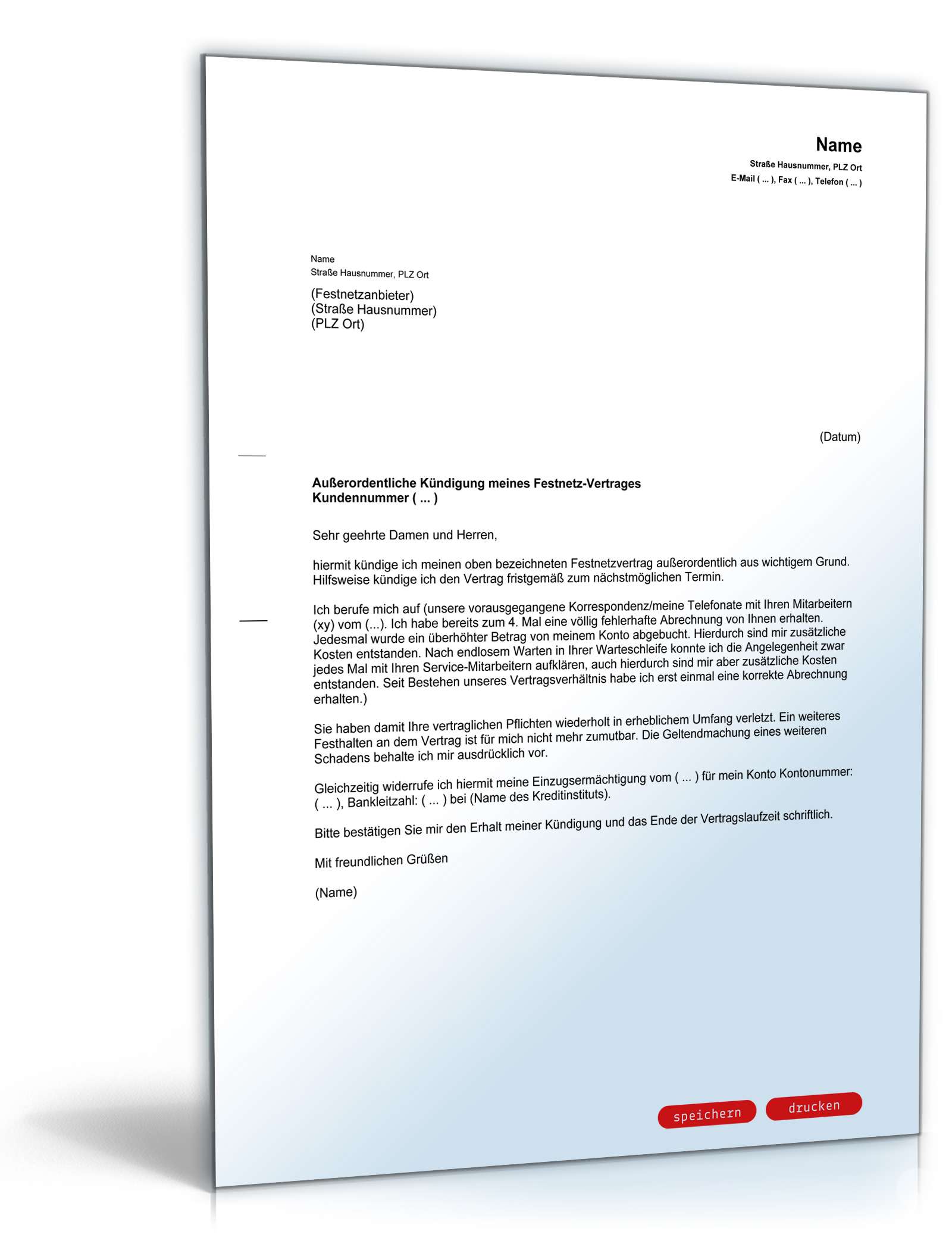 Fristlose Kündigung Festnetzvertrag PDF