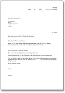Sperrung Geldkarte/EC-Karte/Kreditkarte Word