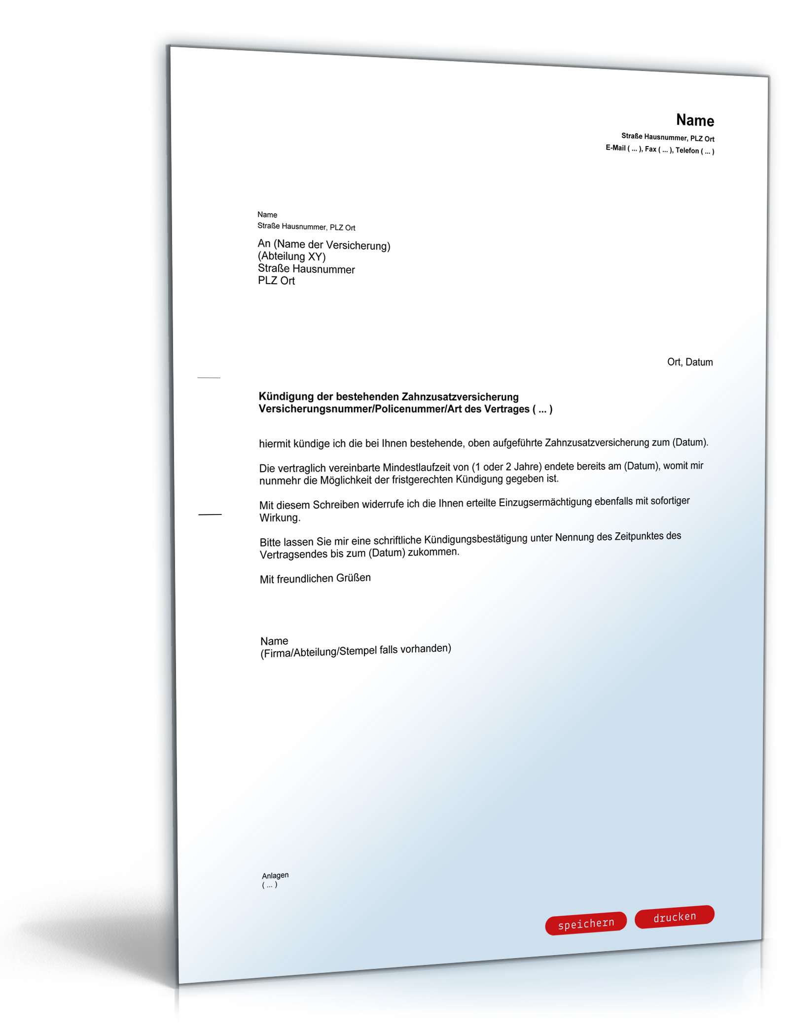 Fristgemäße Kündigung Zahnzusatzversicherung PDF