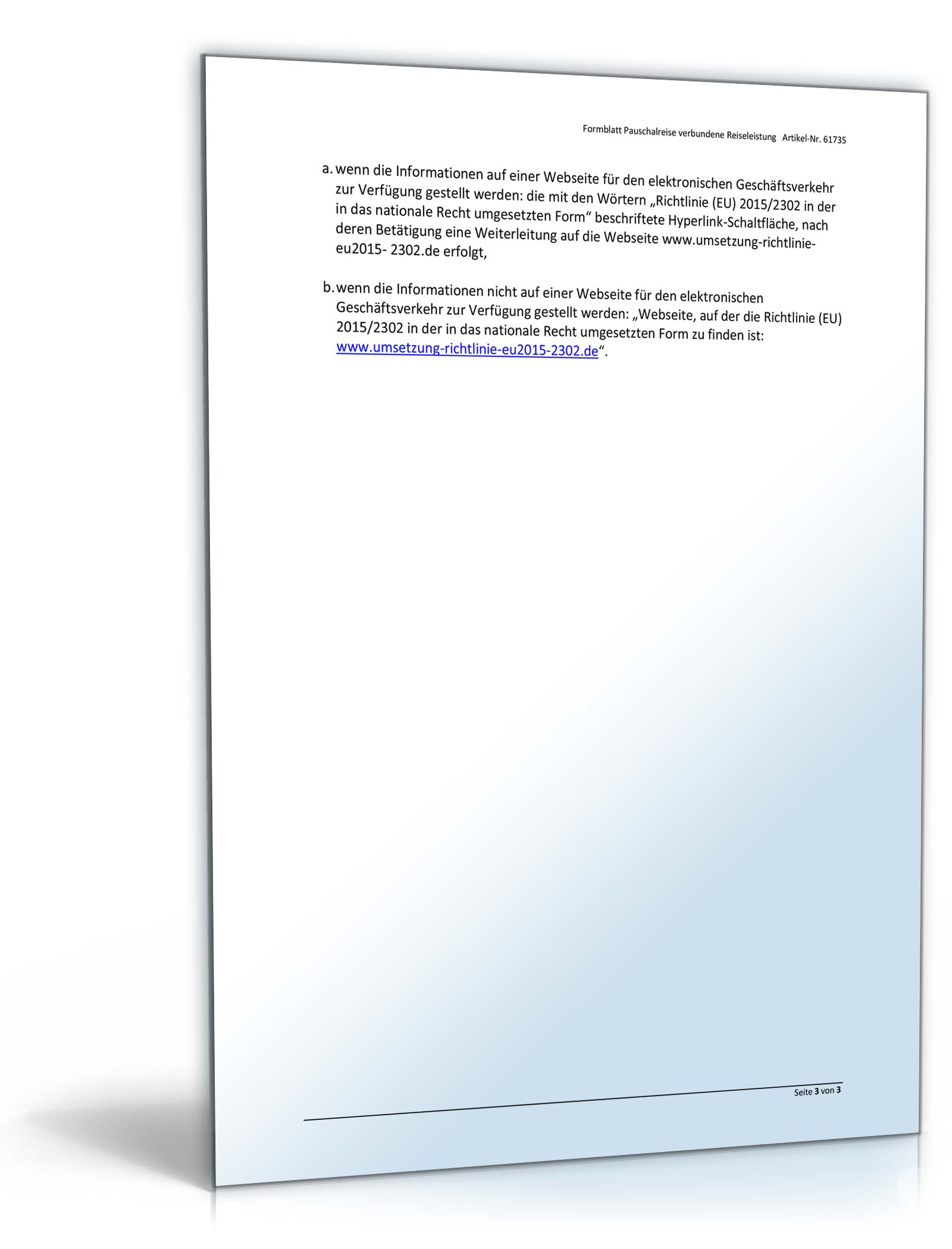 Formblatt Vermittlung verbundene Reiseleistungen § 651w Absatz 1 Satz 1 Nummer 1 BGB Word. Seite: 3