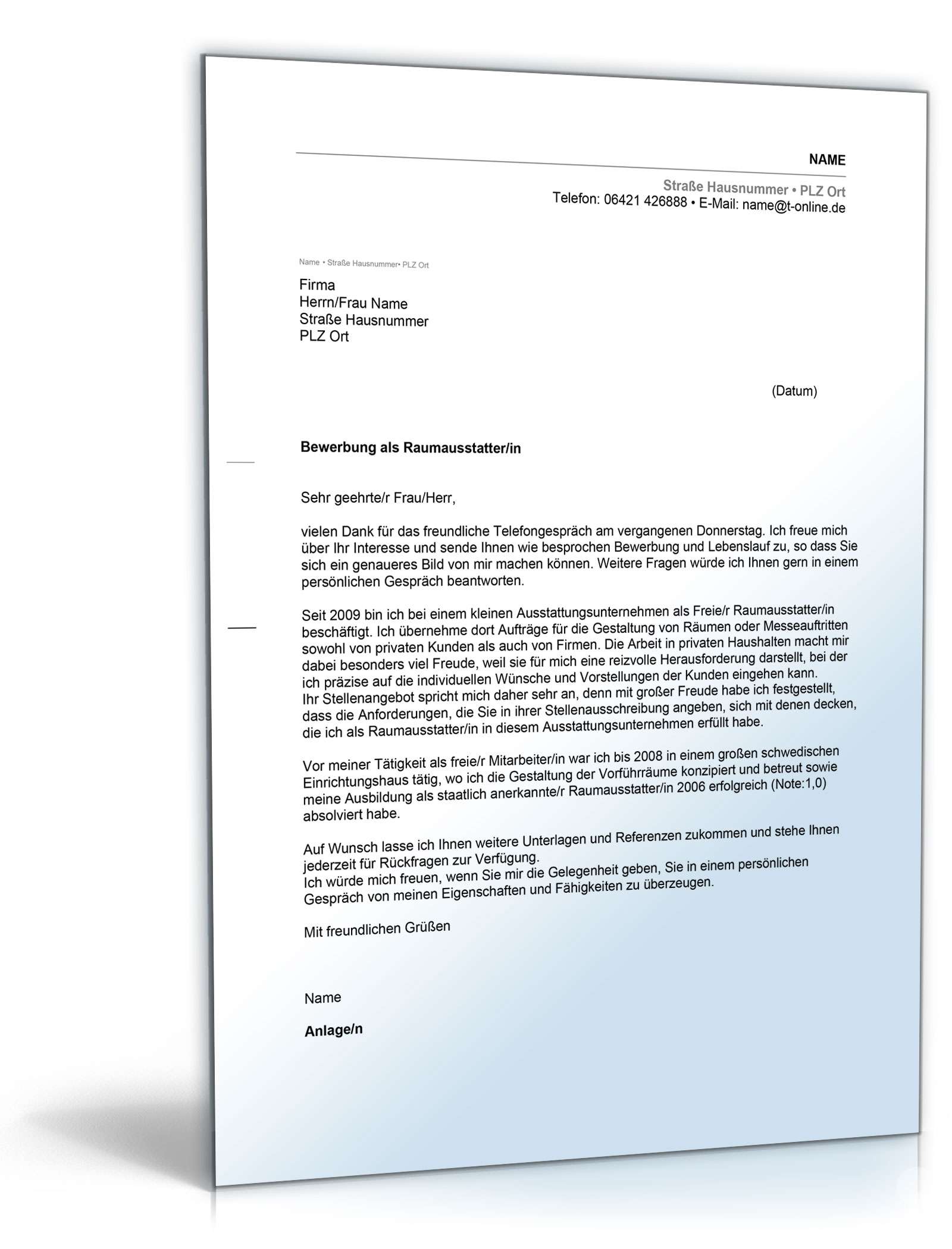 Anschreiben Bewerbung Raumausstatter Excel