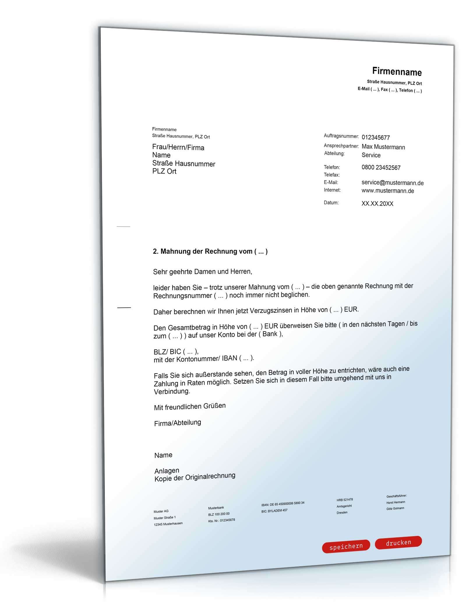 2. Mahnung mit Berechnung von Verzugszinsen PDF