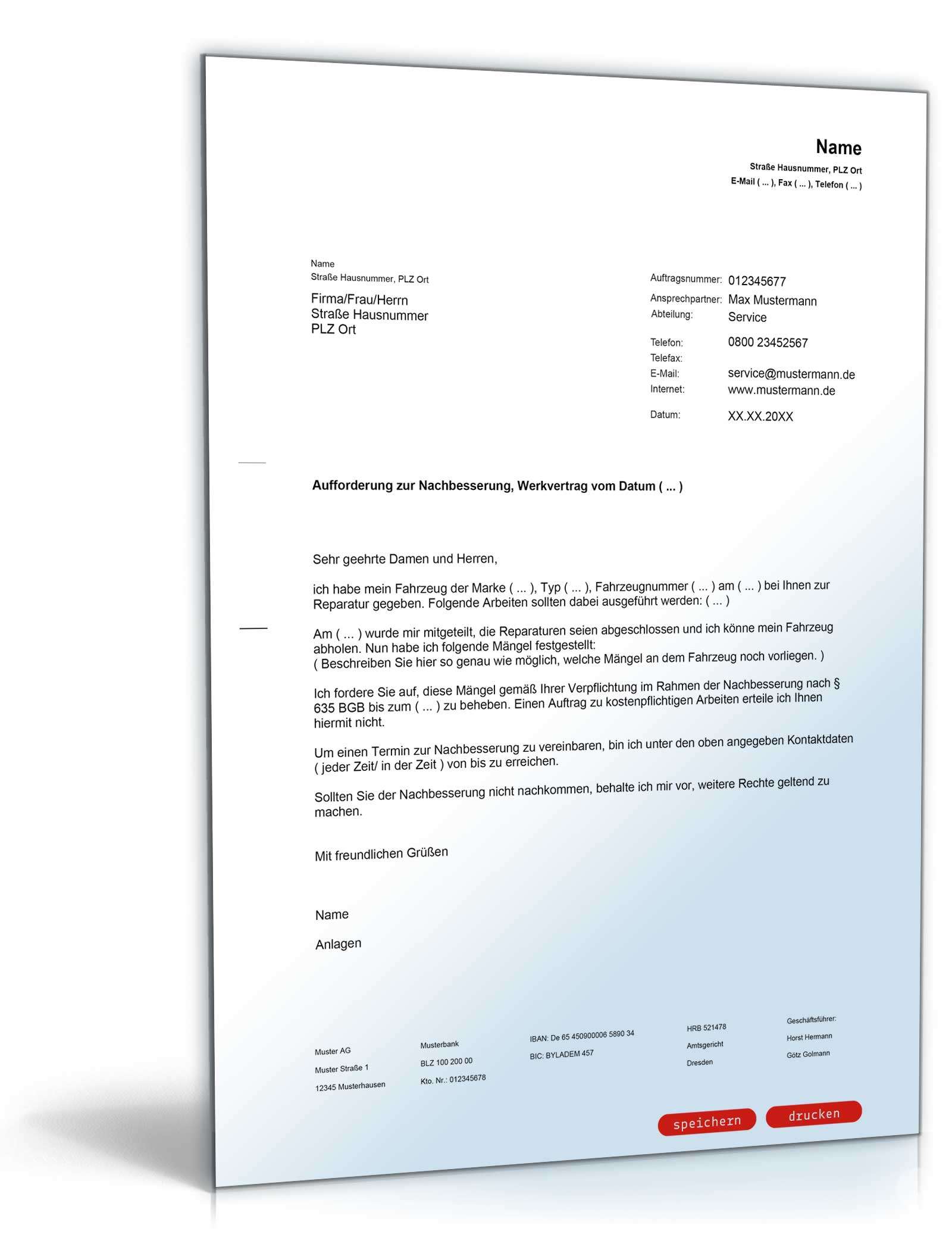 Aufforderung zur Nachbesserung bei Mangelhaftigkeit PDF