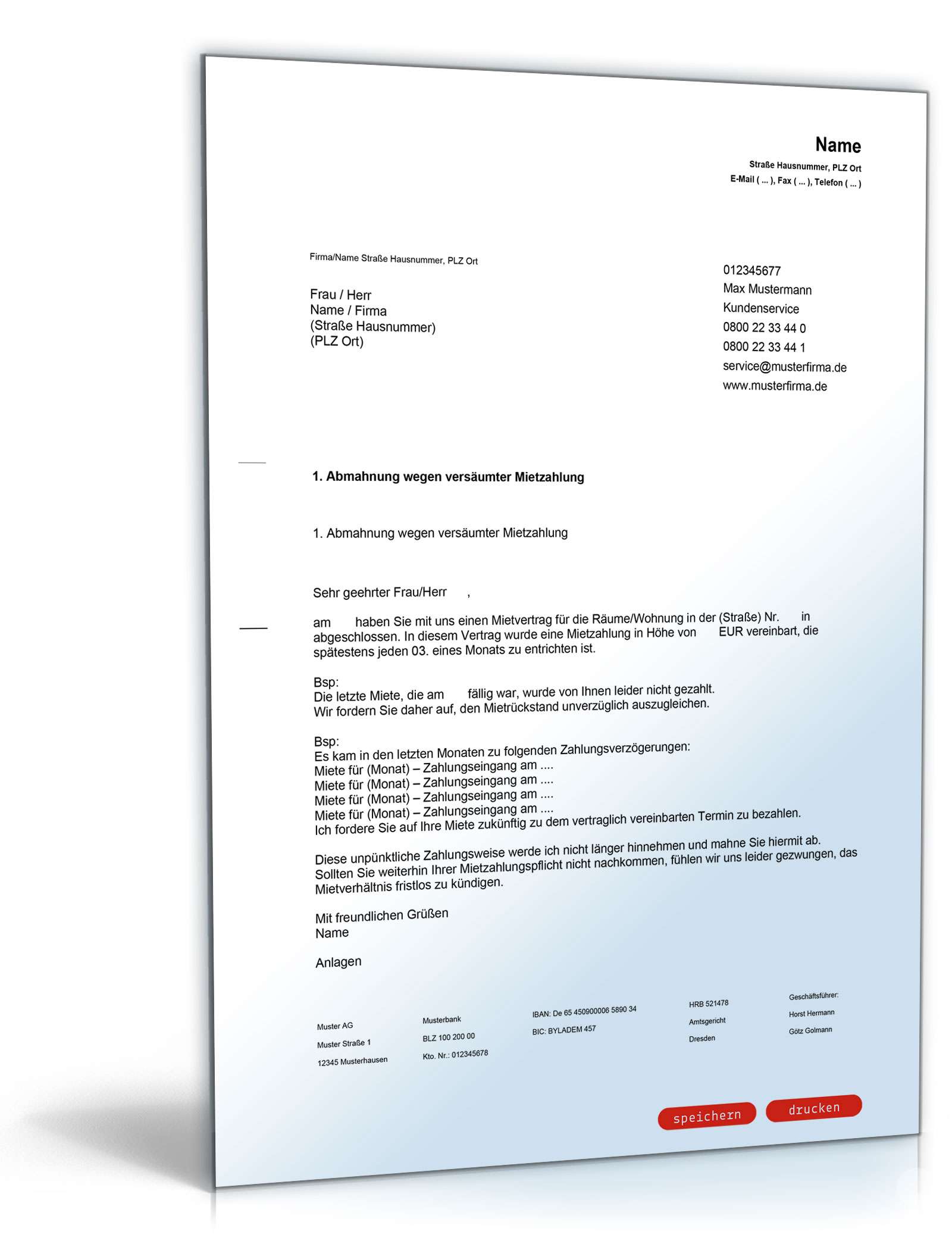 Mahnung Betriebskostennachzahlung Word