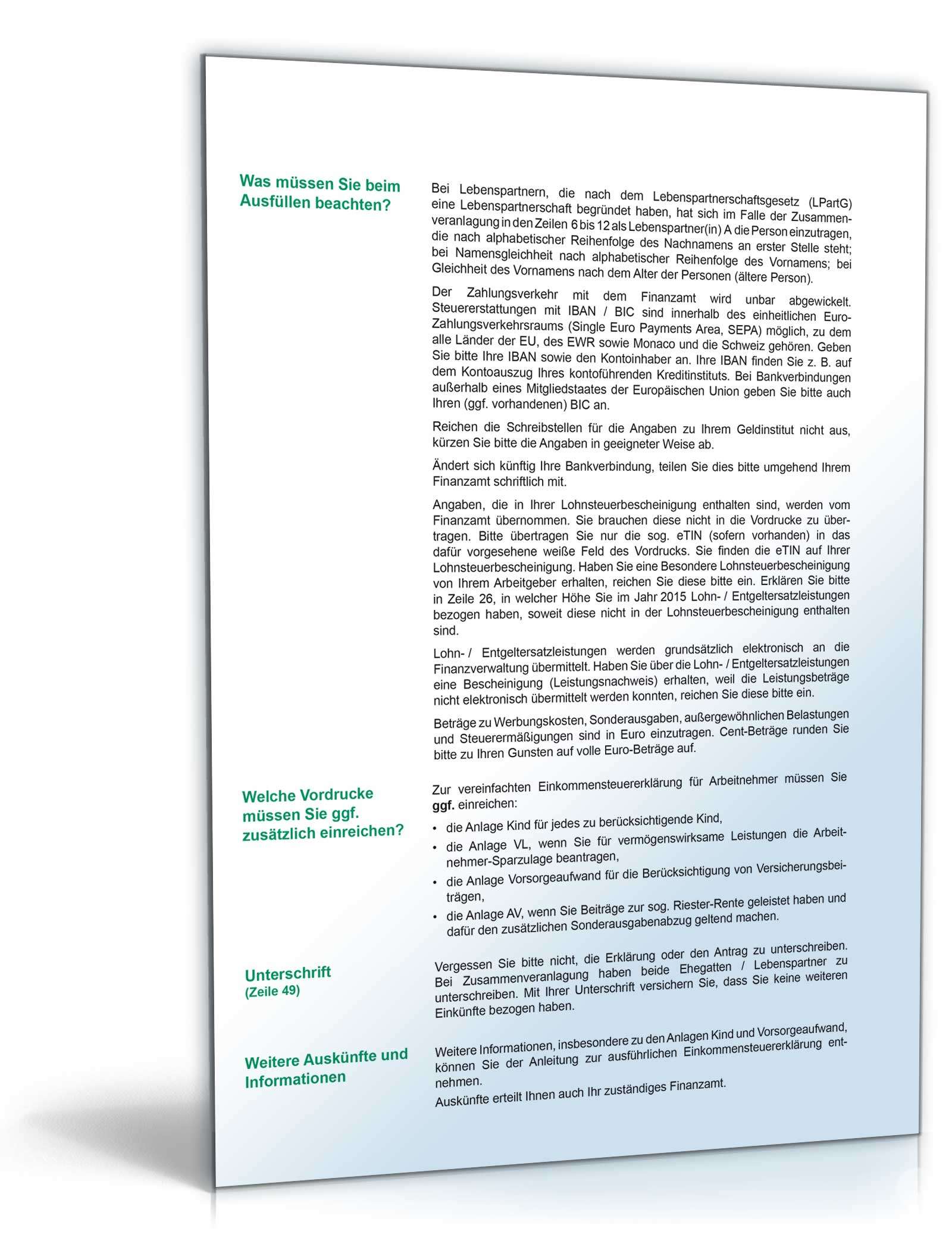 Anleitung zur Vereinfachten Einkommensteuererklärung ESt1V PDF. Seite: 2