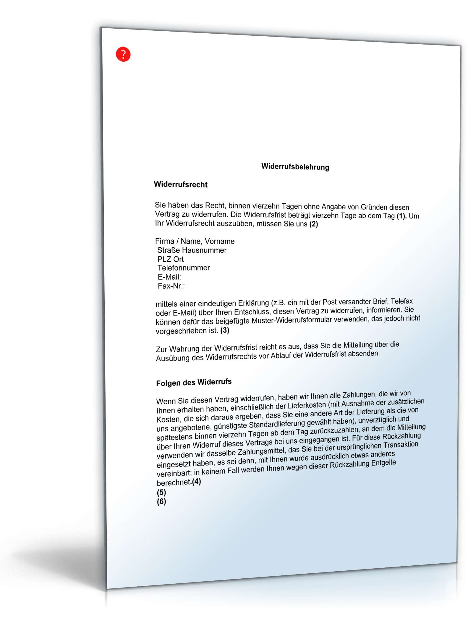 Widerrufsbelehrung Fernabsatzgeschäft Word