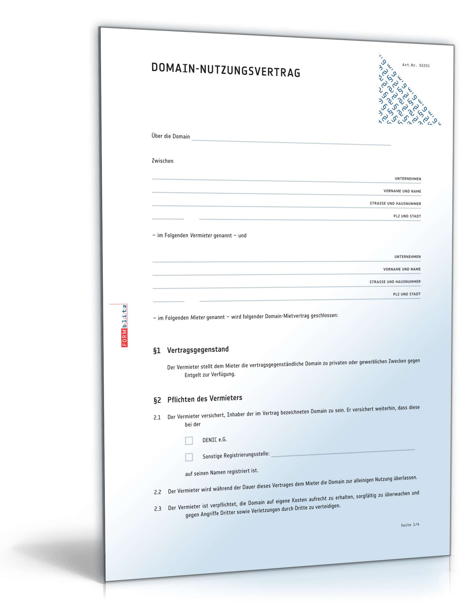 Domain-Nutzungsvertrag PDF