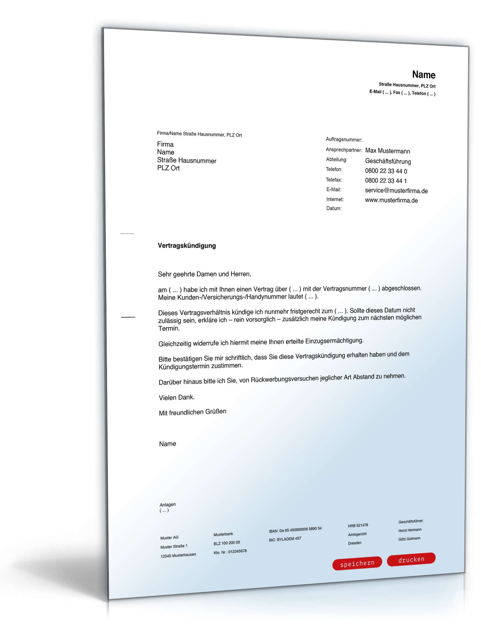 Fristgemäße Kündigung Vertrag PDF
