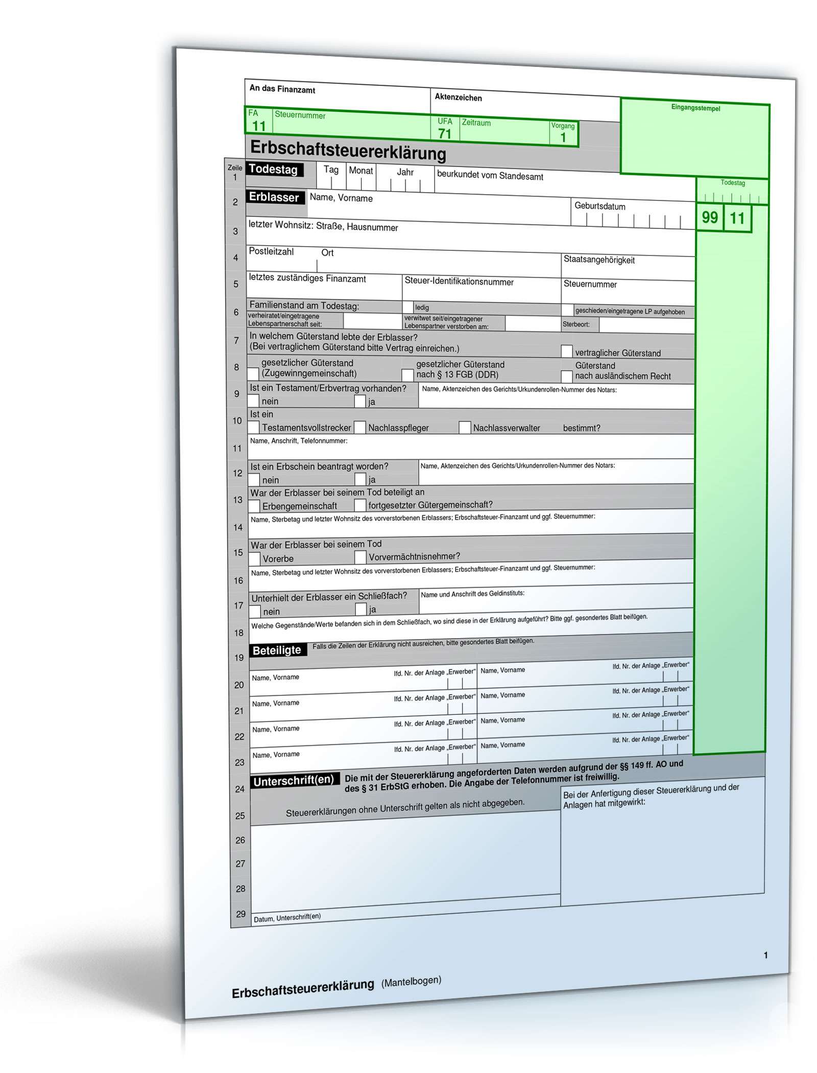Formulare zur Erbschaftssteuererklärung Excel