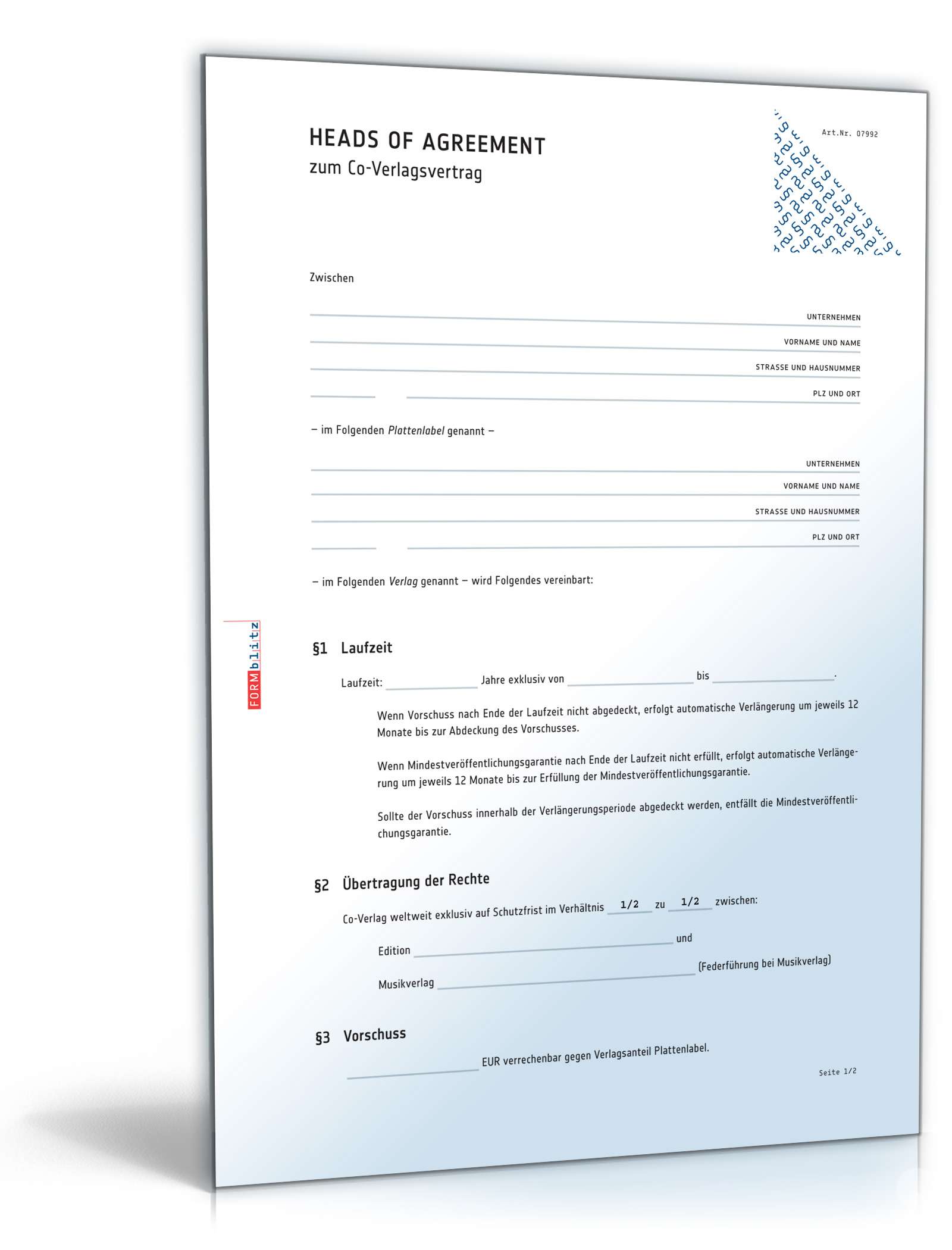 Heads of Agreement zum Musikverlagsvertrag PDF